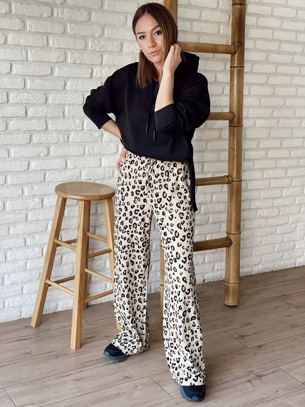 Leopar Desen Pantolon Bej