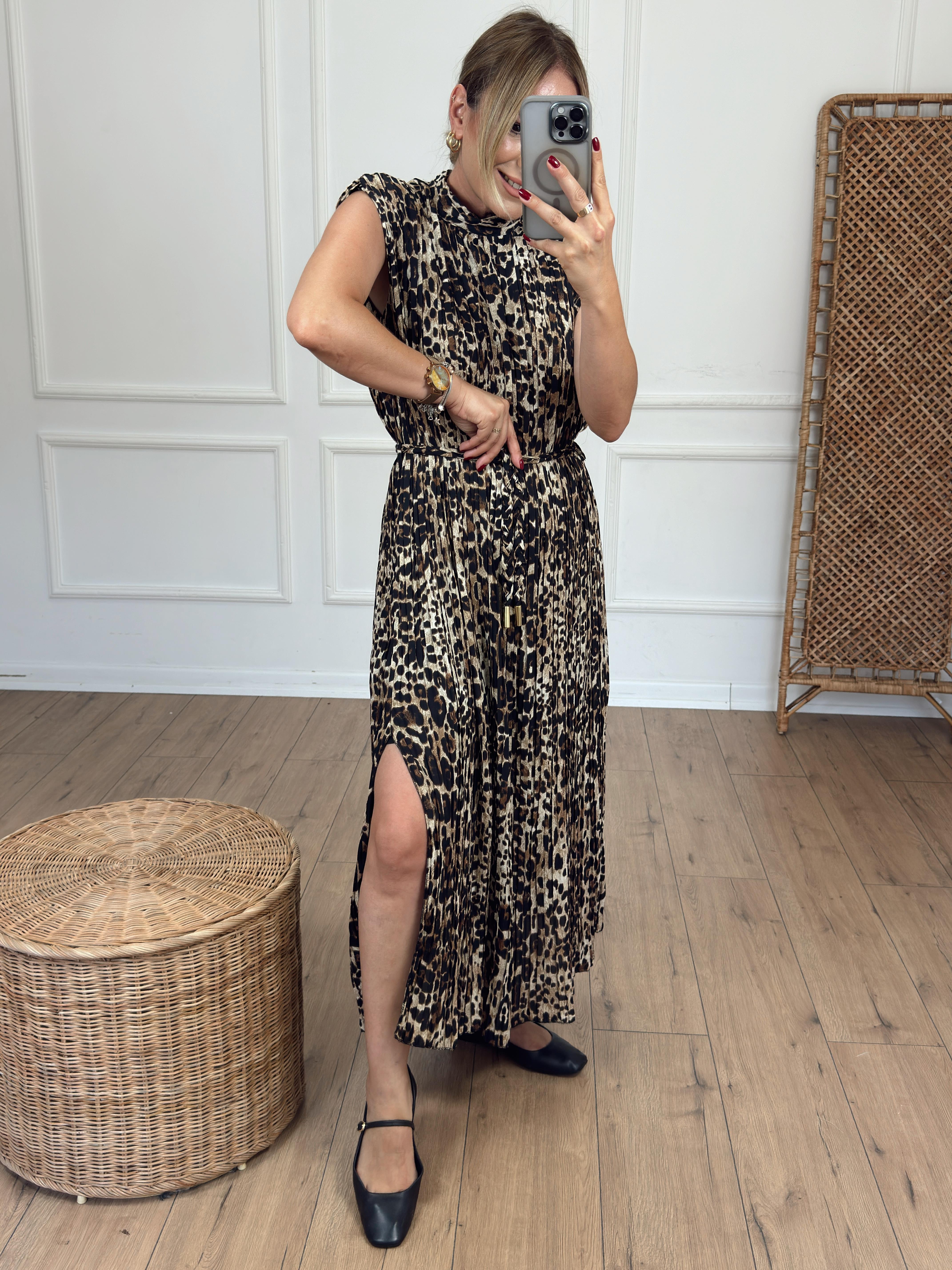 Leopar Desen Piliseli Elbise KAHVE