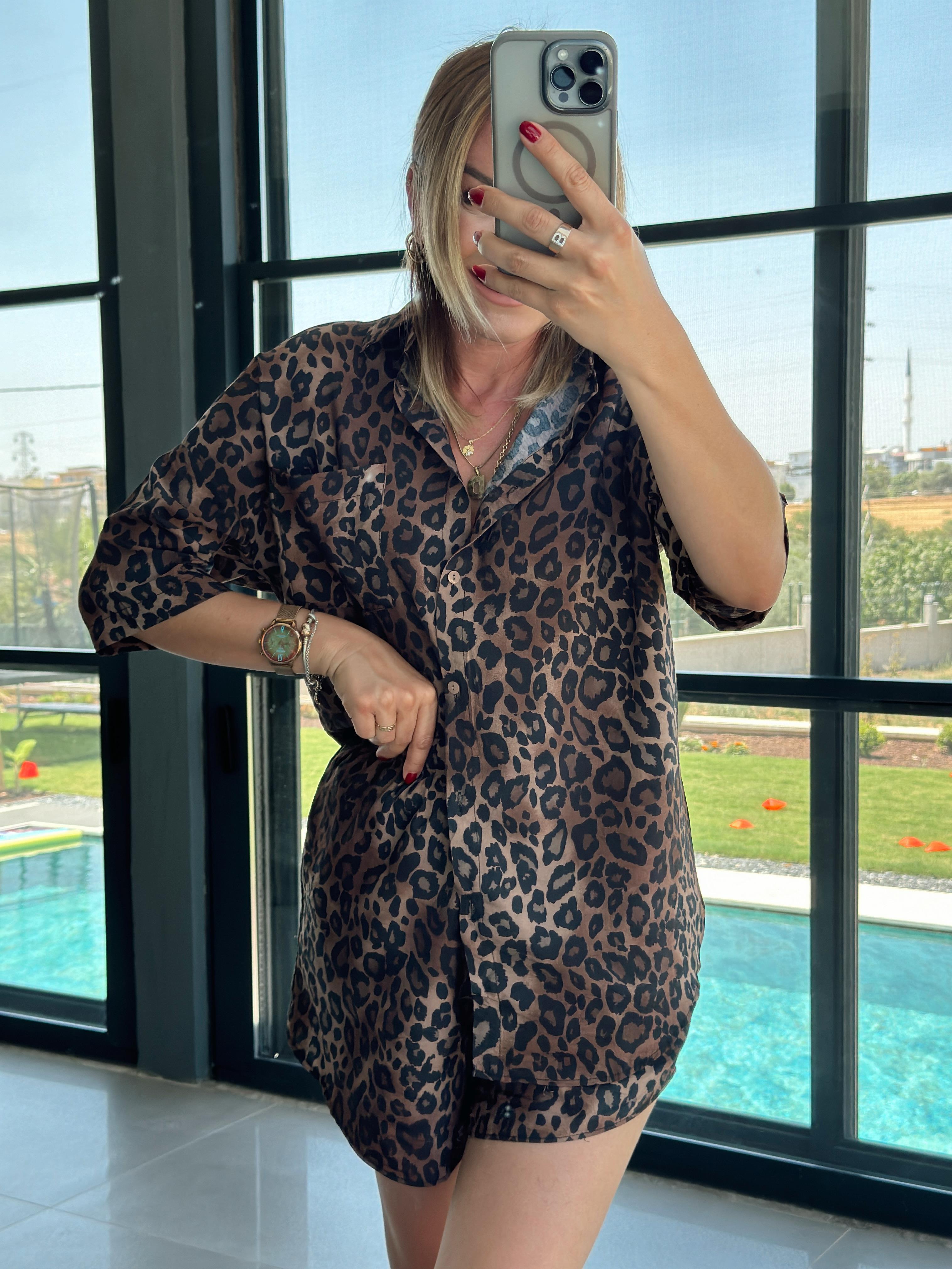 Leopar Desen Şortlu Takım KAHVE