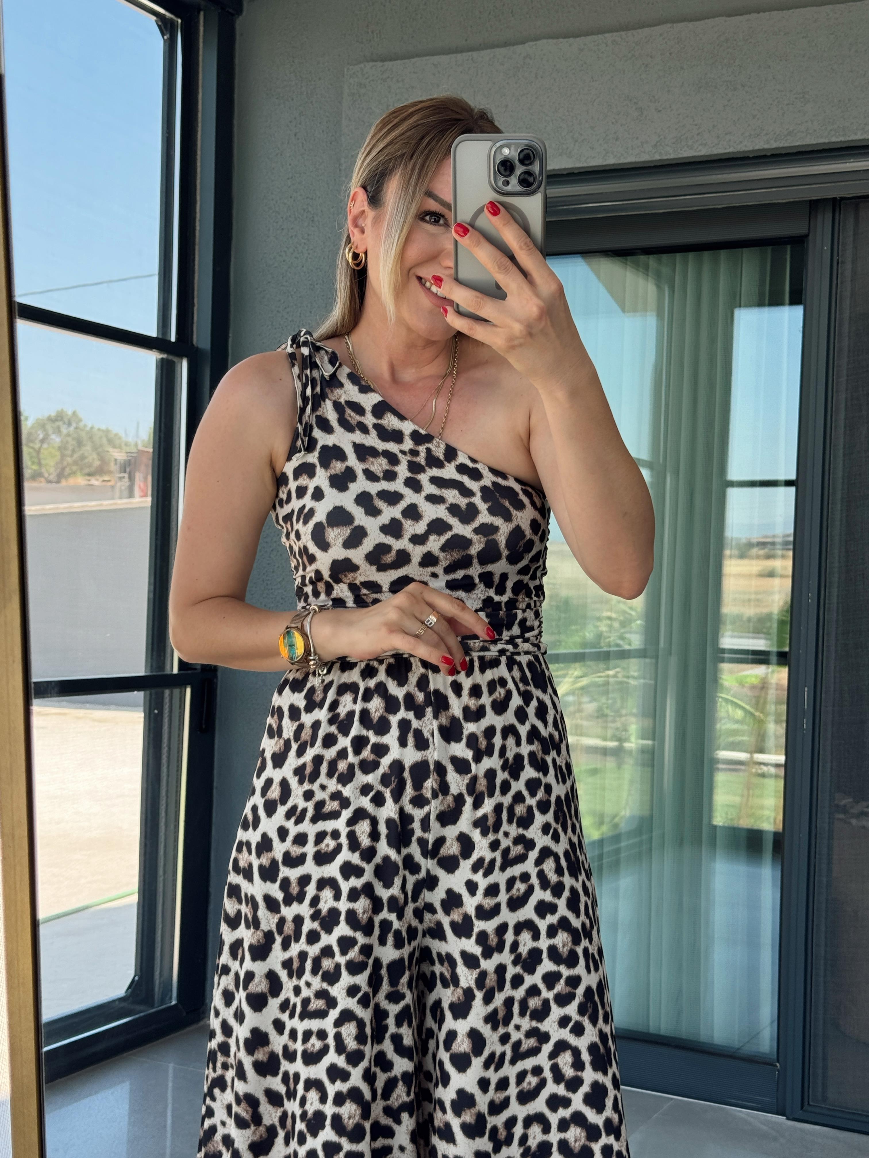 Leopar Desen Tek Omuz Tulum KAHVE