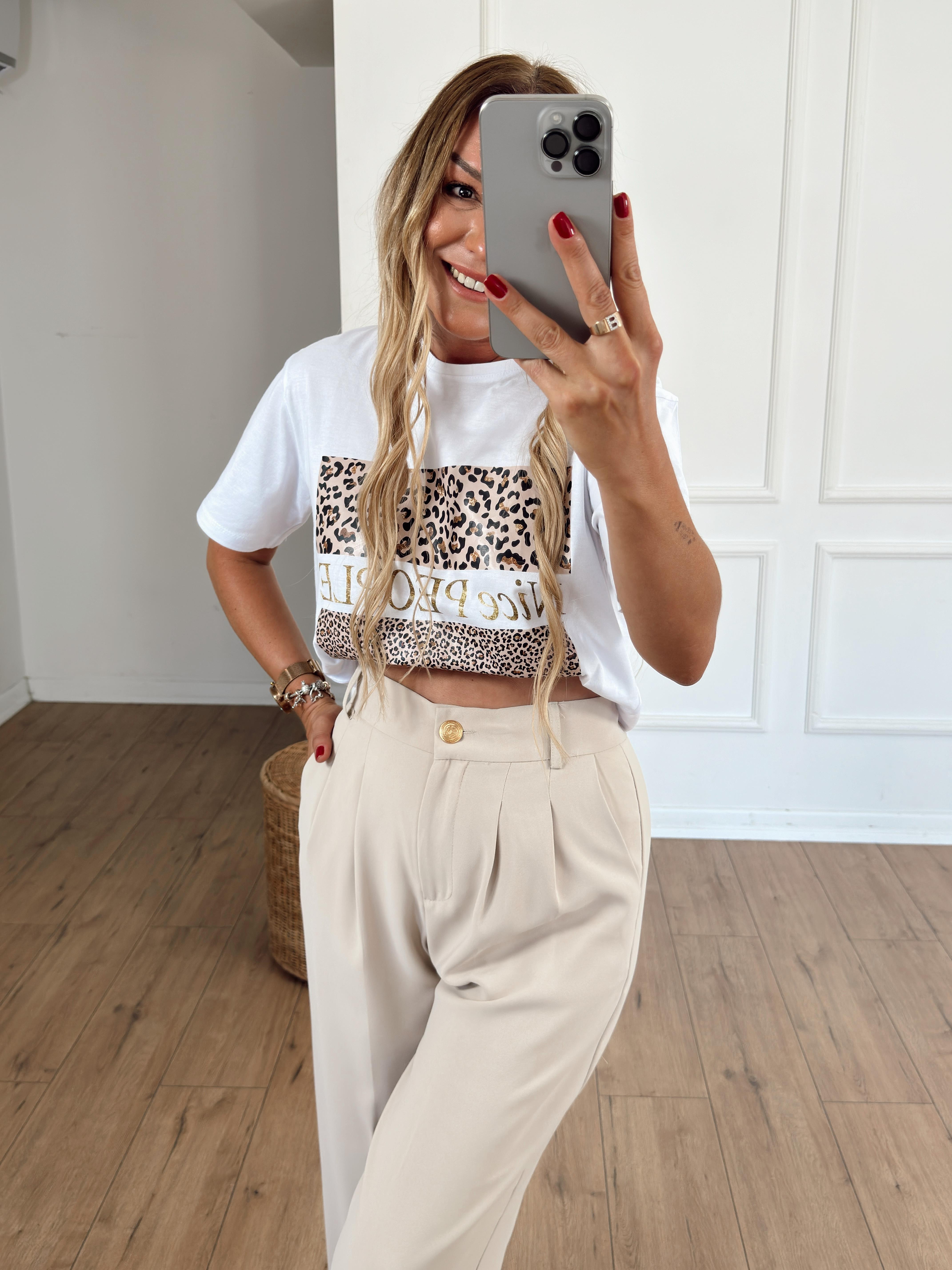 Leopar Desenli Nice Baskılı Tshirt BEYAZ