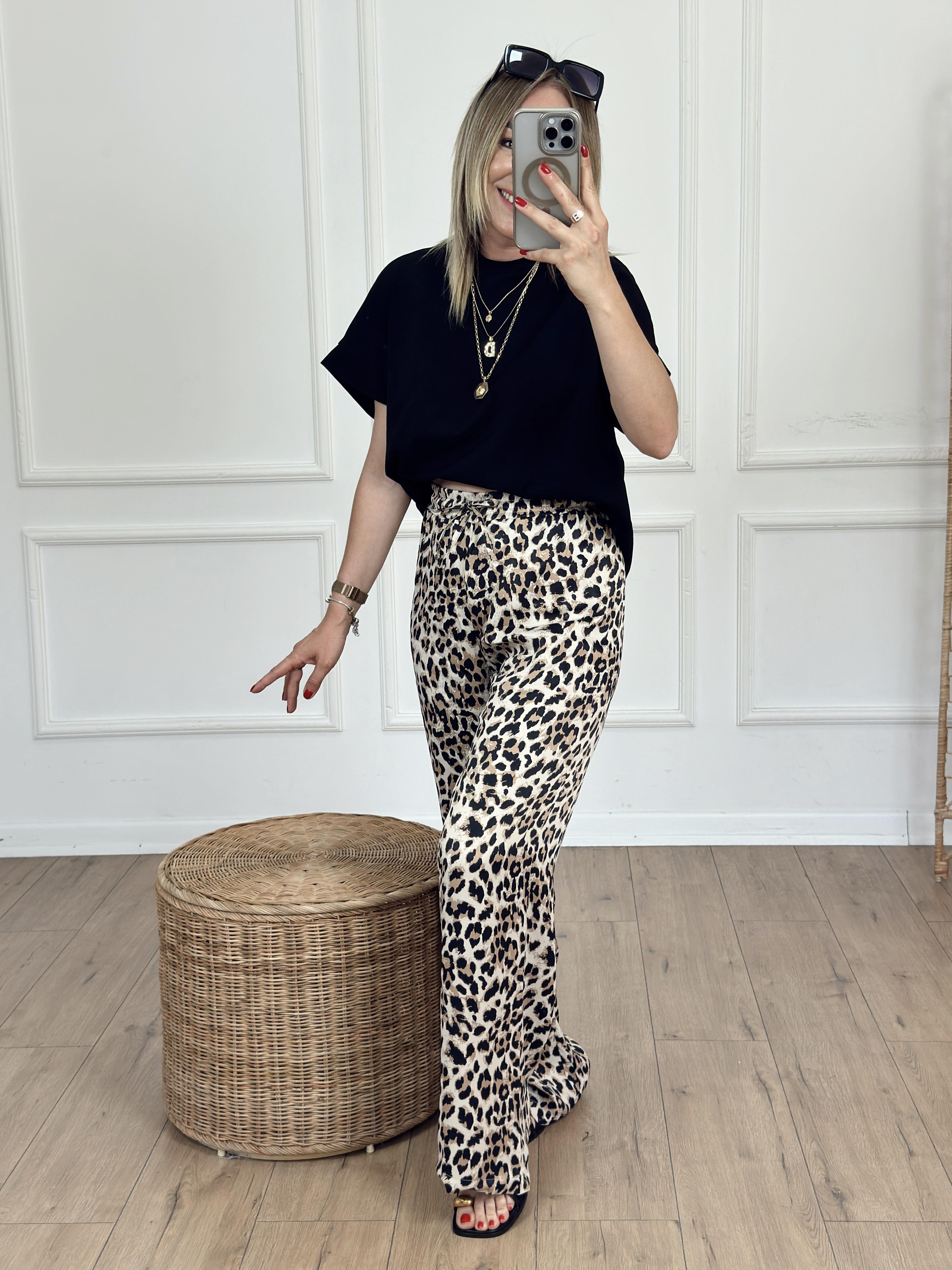 Leopar Desenli Saten Pantolon BEJ