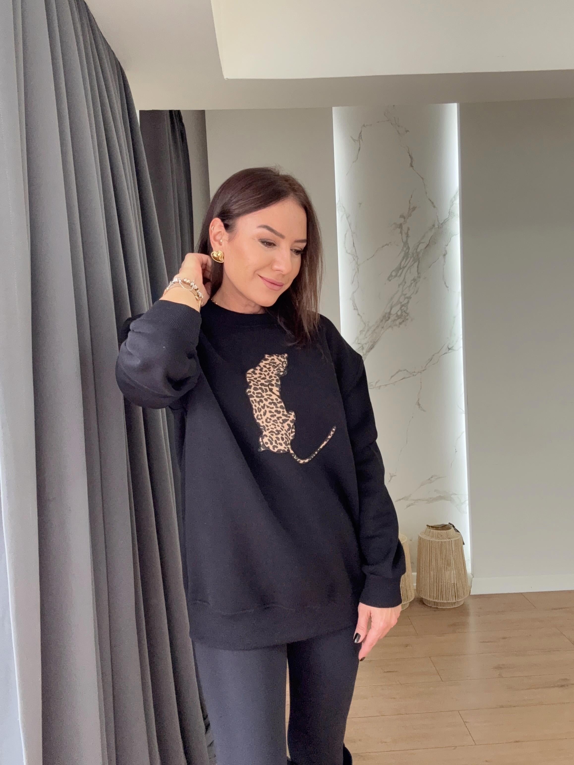 Leopar Nakışlı Sweat SİYAH
