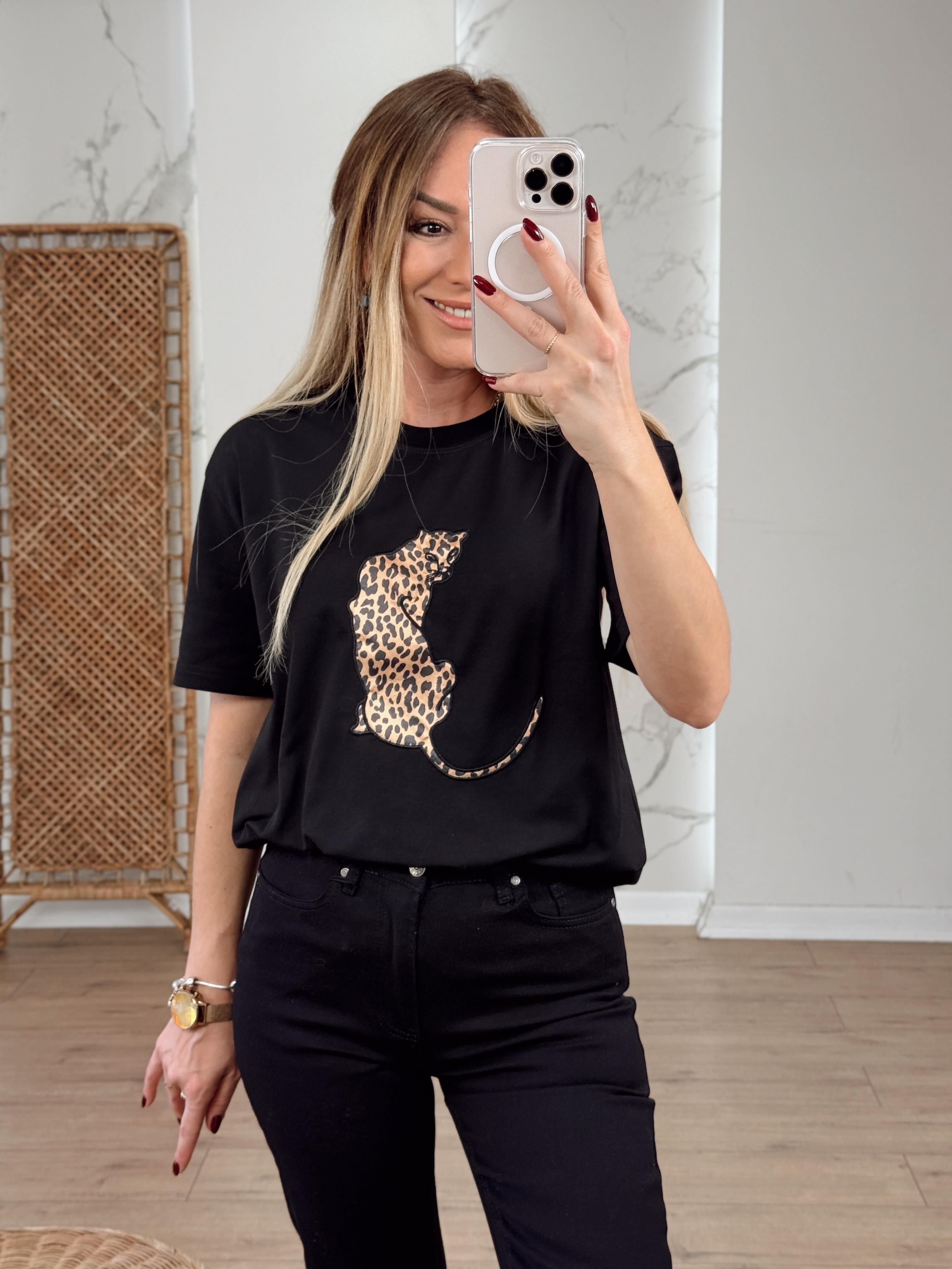 Leopar Nakışlı Tshirt SİYAH