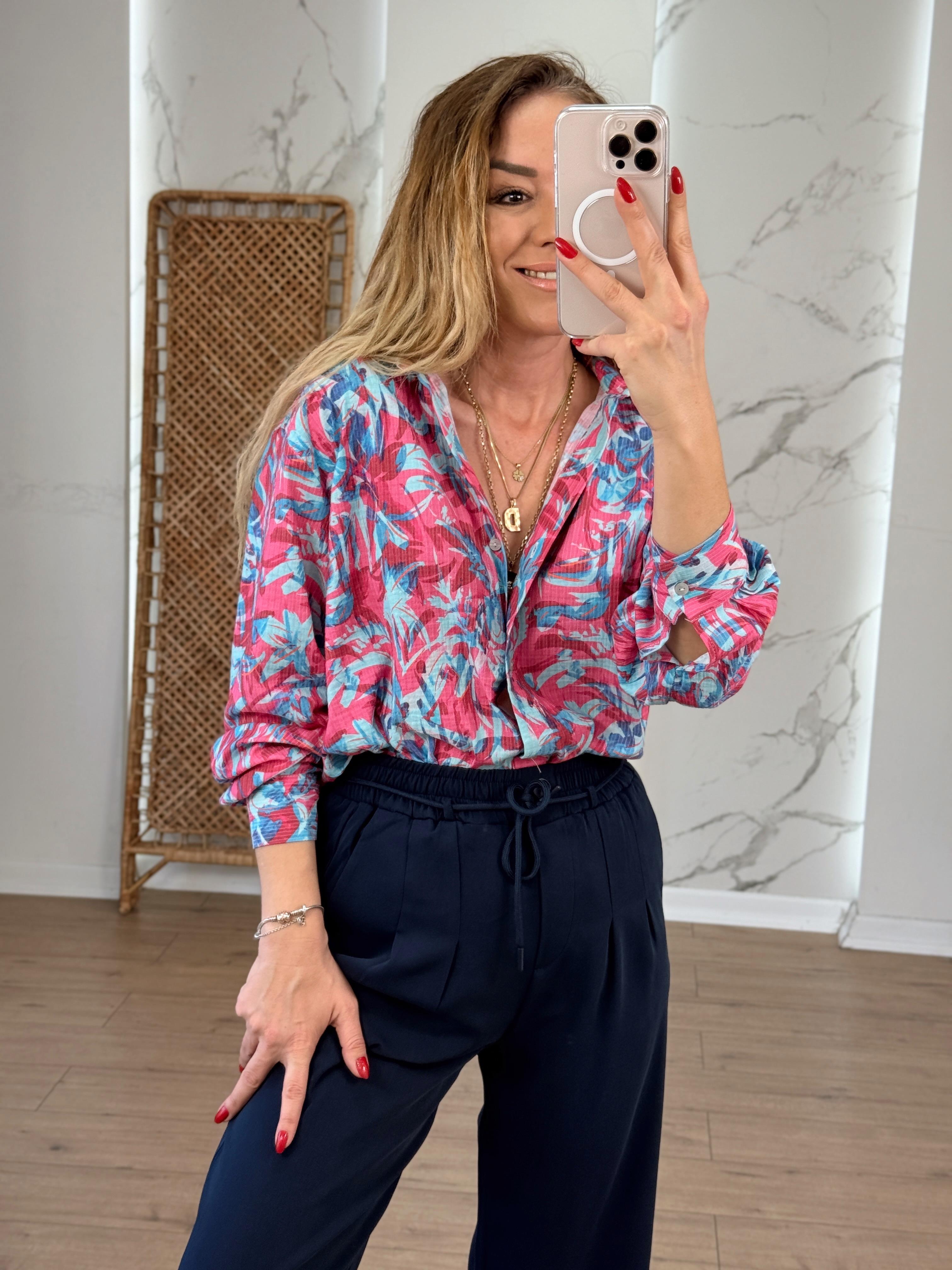 Likralı Batik Desenli Renkli Gömlek PEMBE