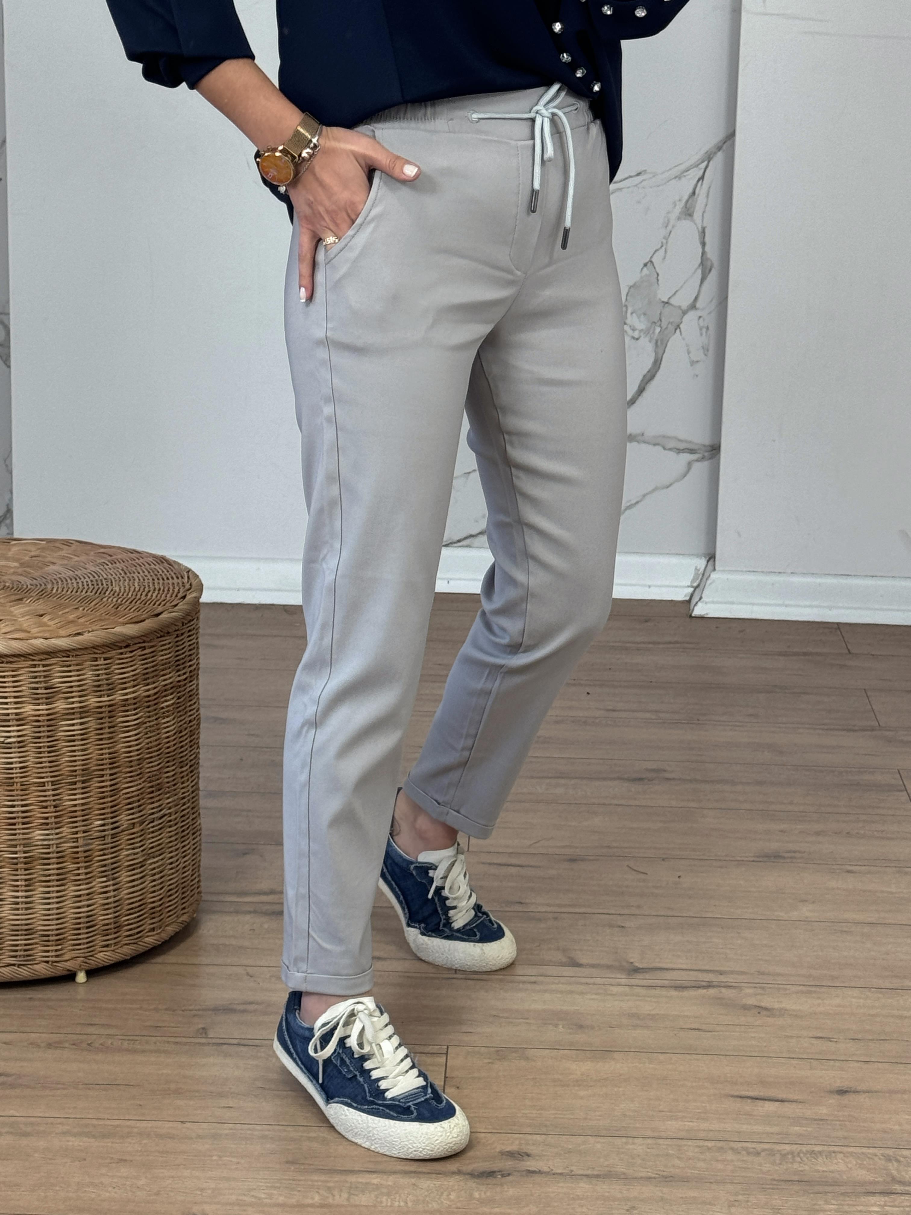 Stretch Double Hem Elastic Waist Pants Stone