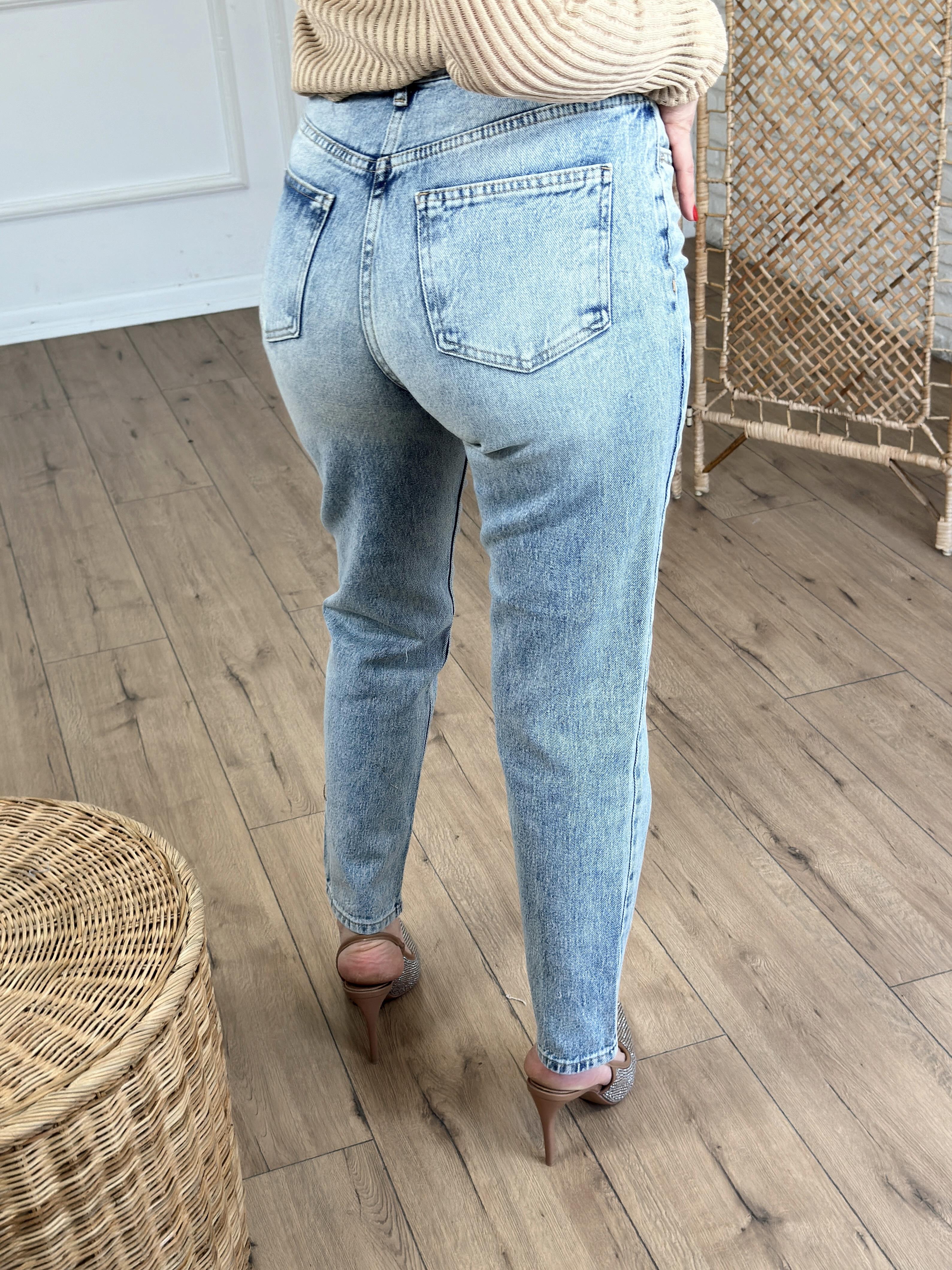 Marbel Efektlli Likralı Mom Jean MAVİ