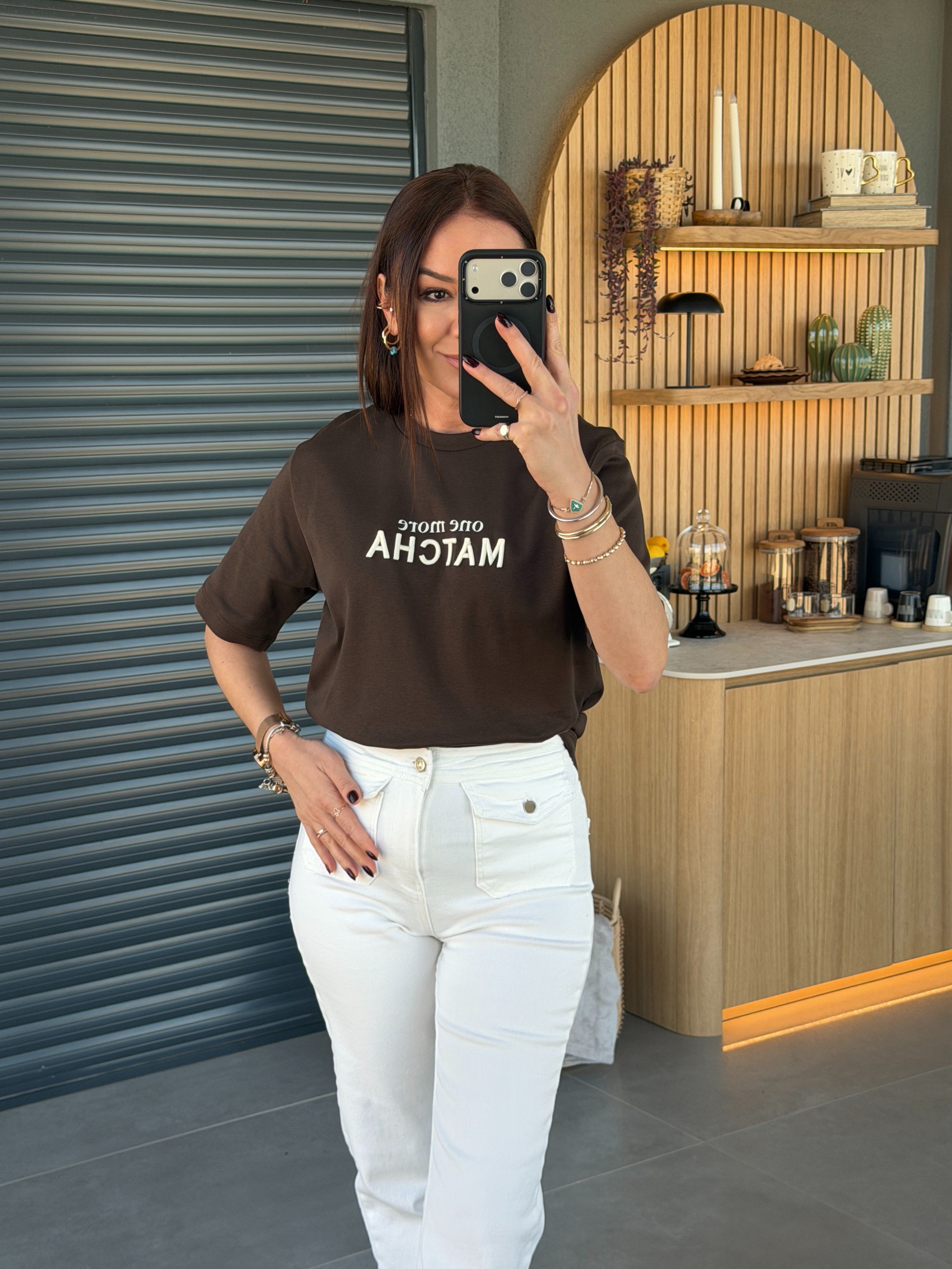 Matcha Nakışlı Tshirt KOYU KAHVE