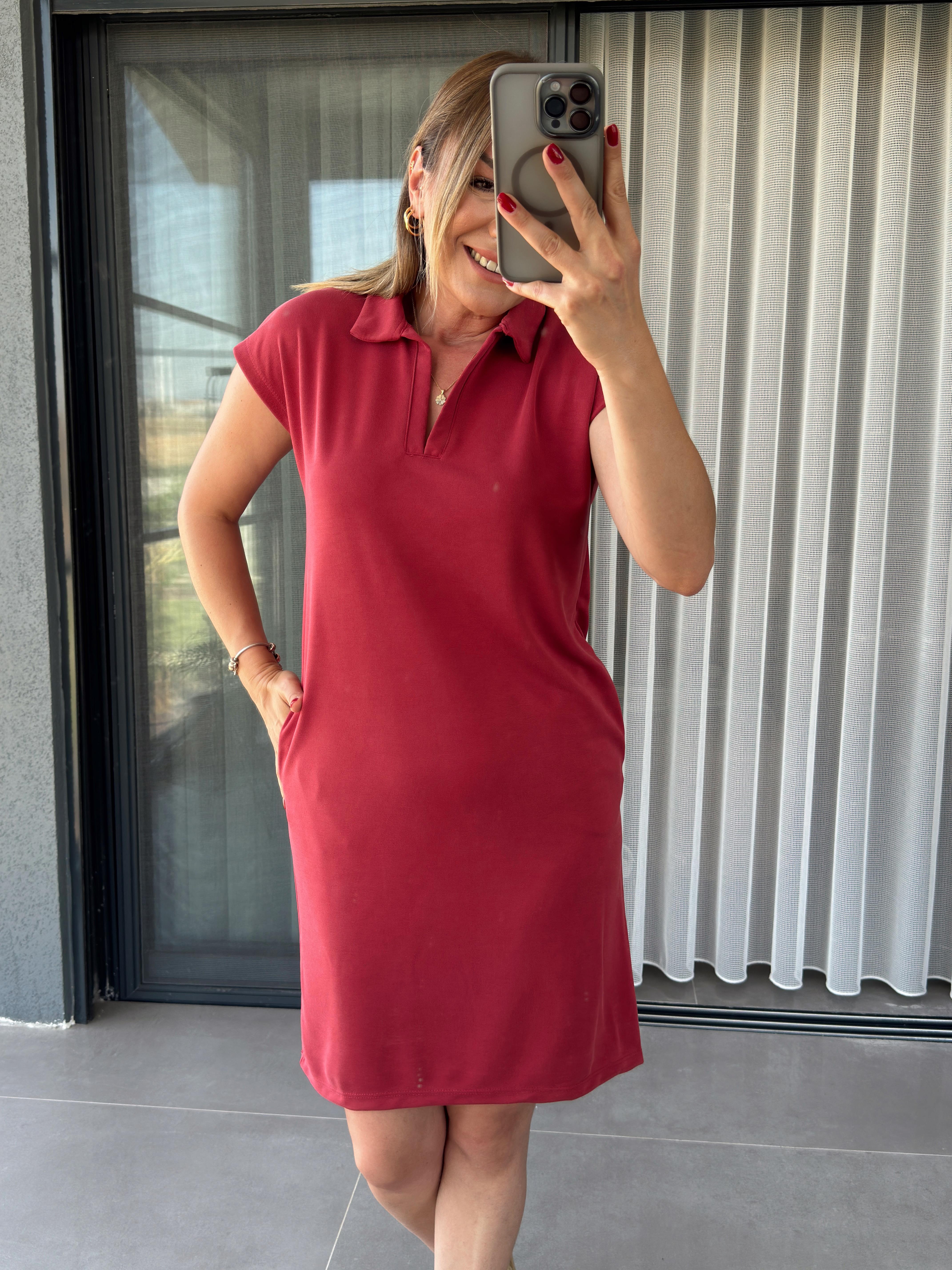 Modal Kumaş Polo Yaka Cep Detaylı Elbise KİREMİT