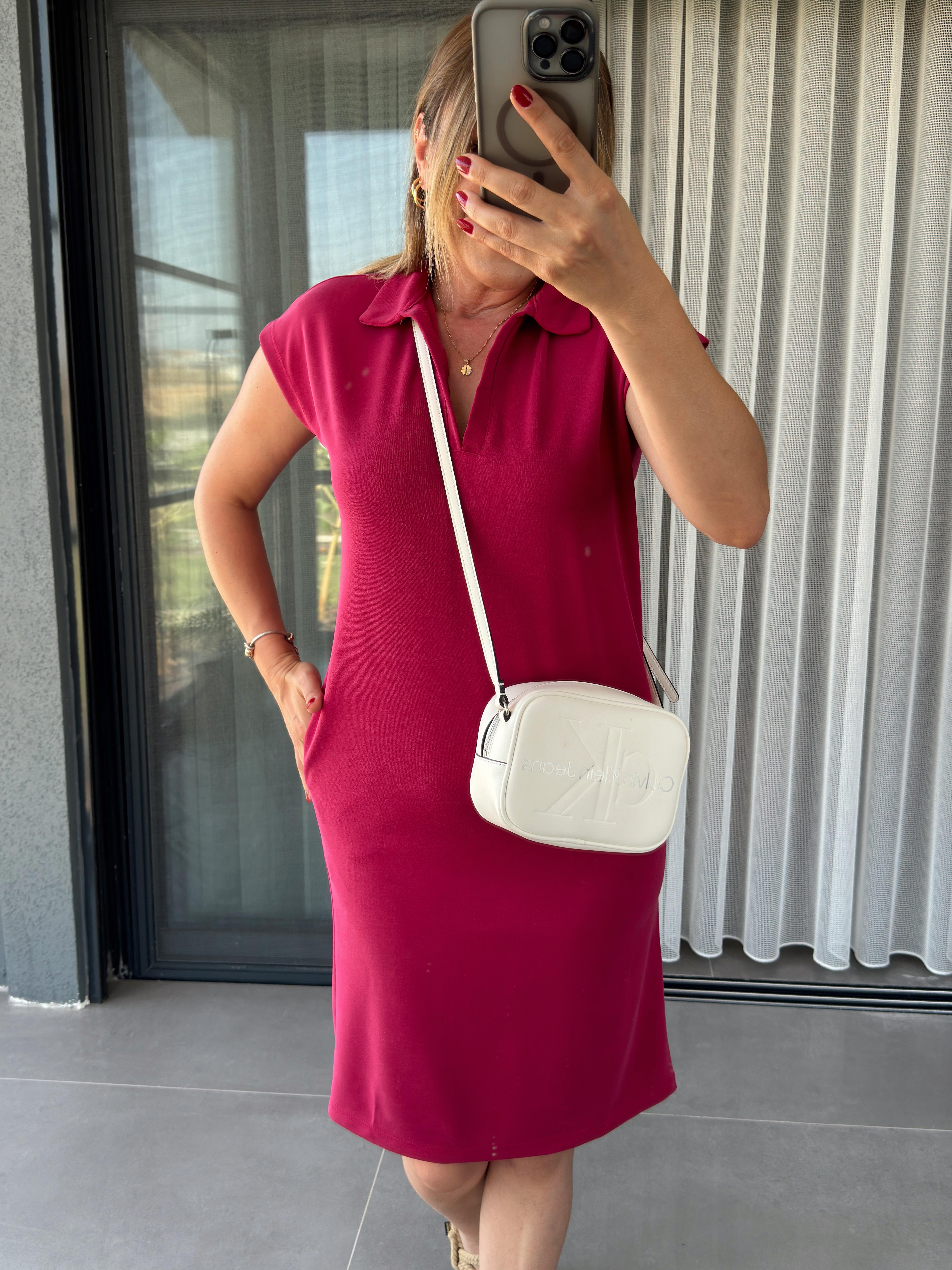 Modal Kumaş Polo Yaka Cep Detaylı Elbise VİŞNE