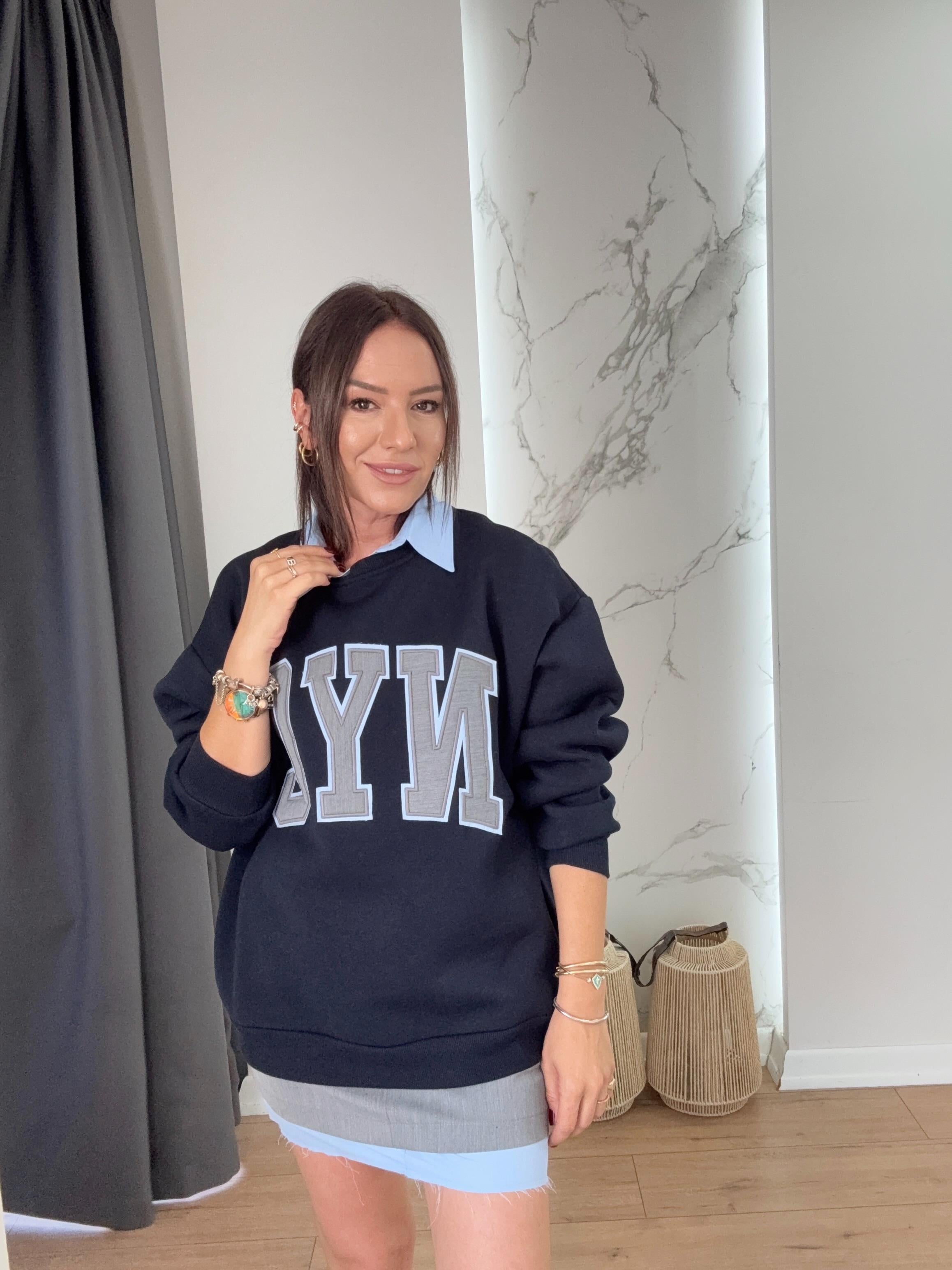 Nakışlı Gömlek Yaka Sweatshirt LACİVERT
