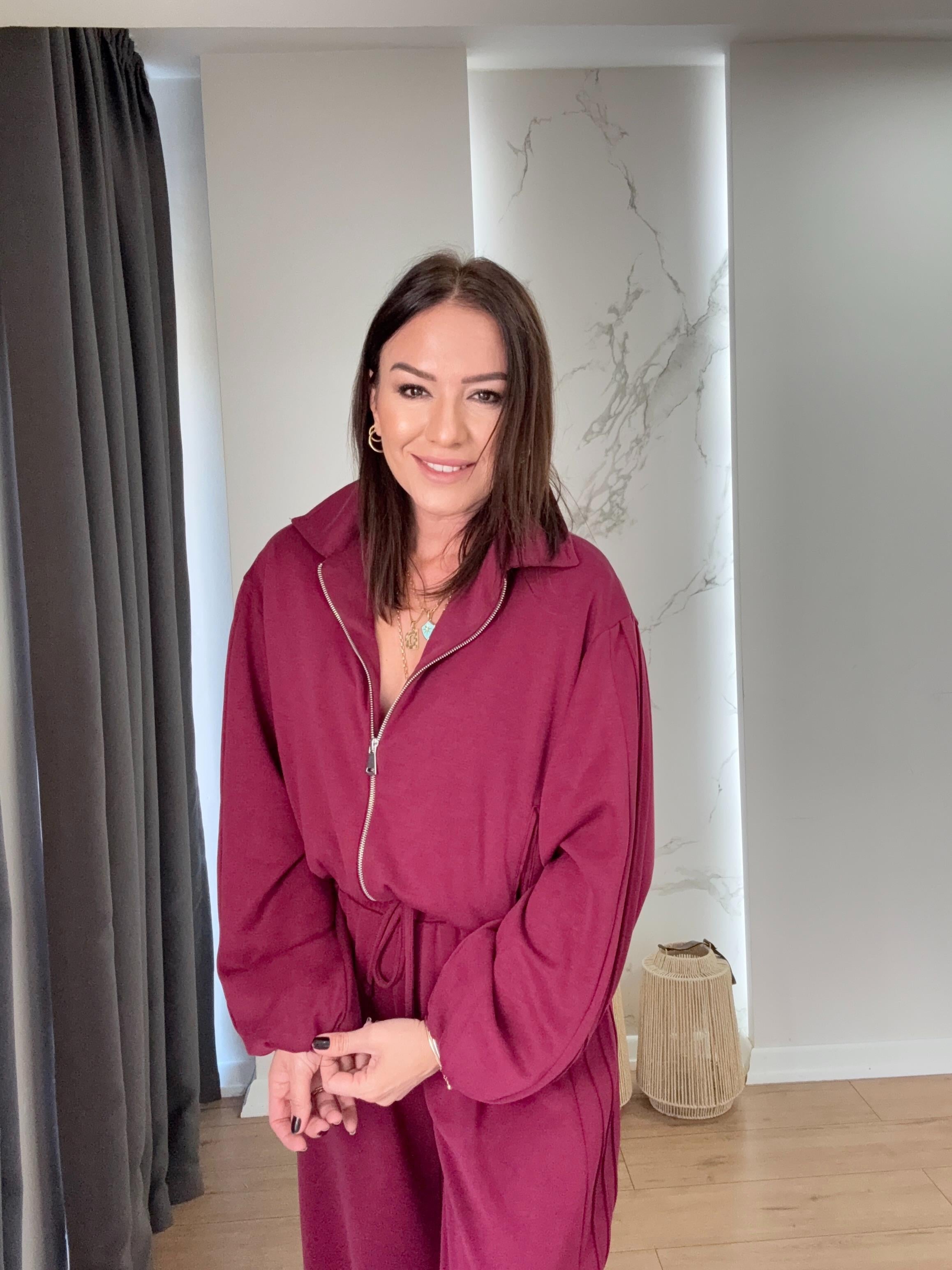 Nervül Detaylı Fermuarlı Modal Ceket BORDO