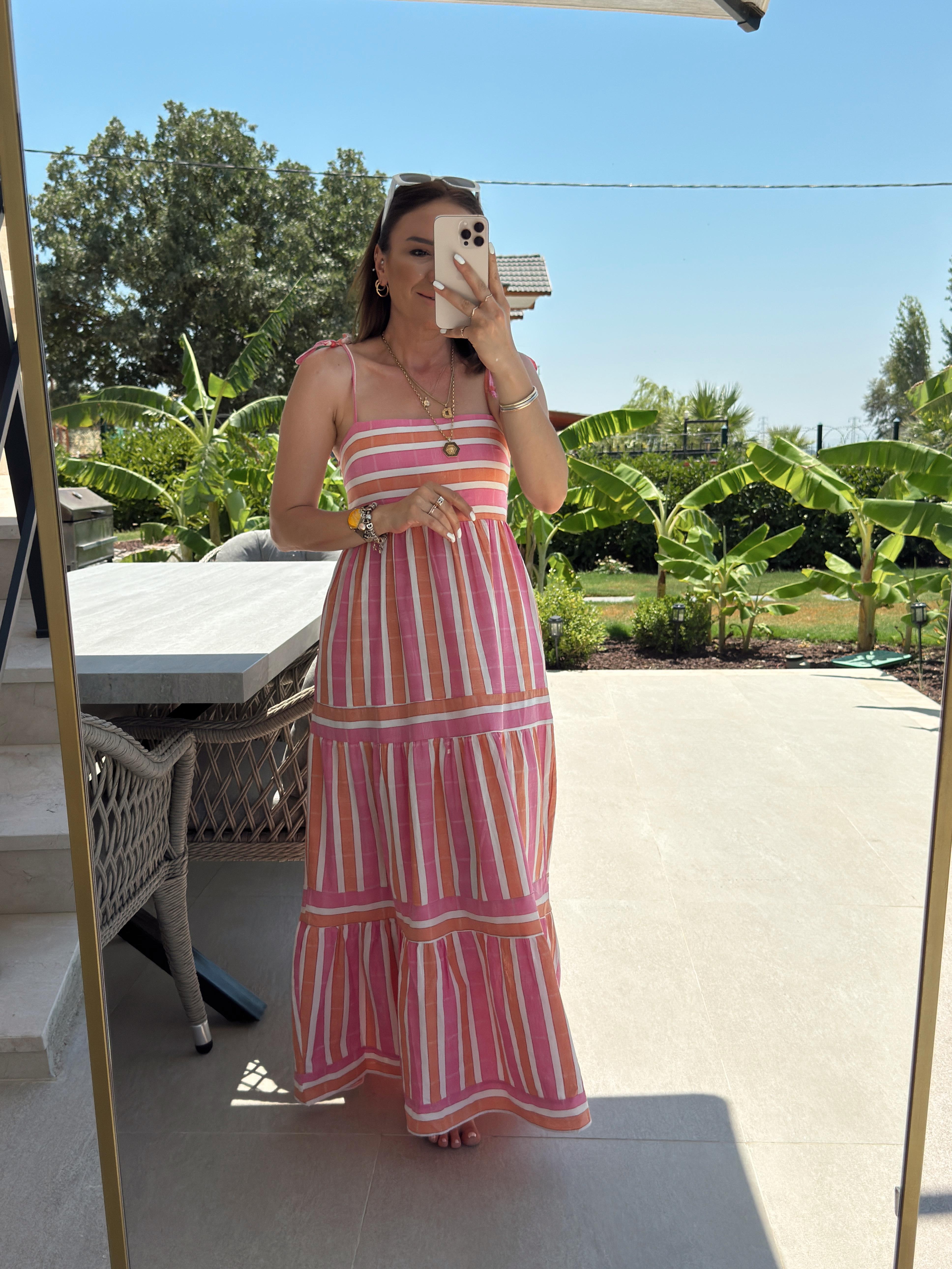 Omuz Bağlamalı Çizgili Elbise PEMBE