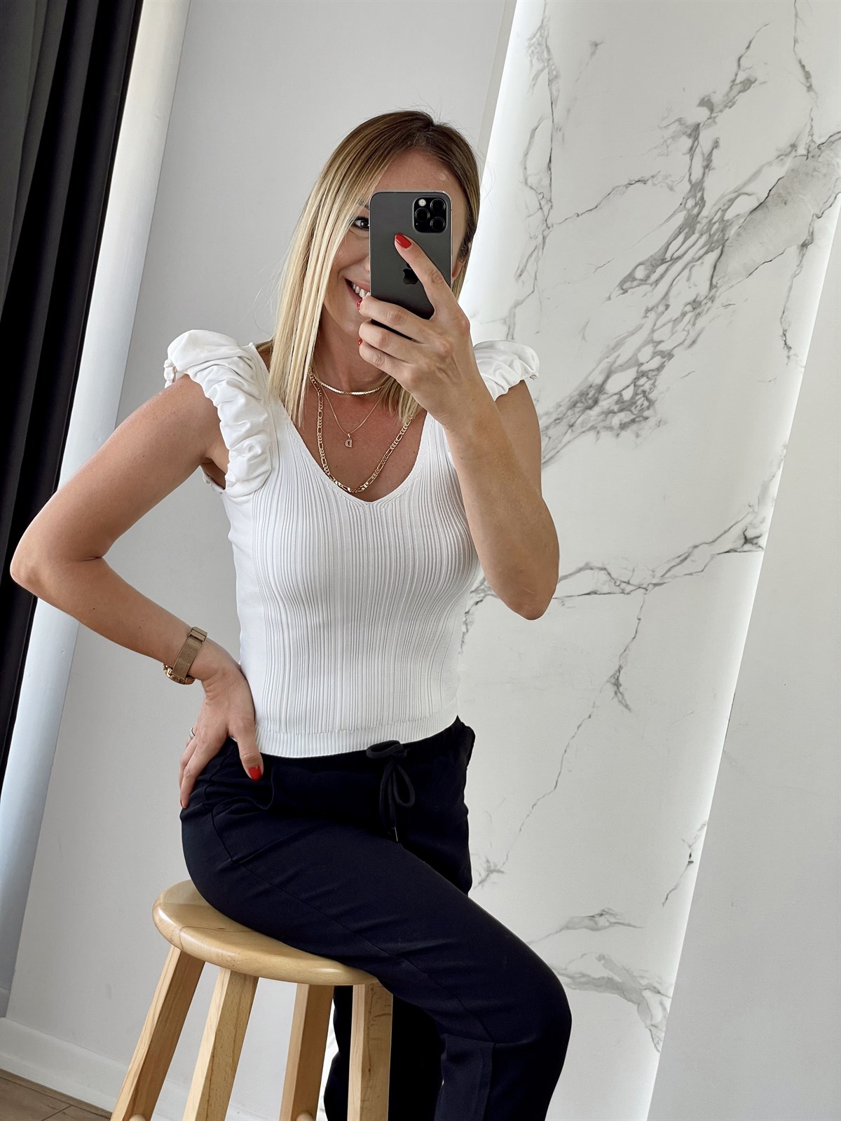 Omuz Duble Ön Arka V Yaka Triko Beyaz