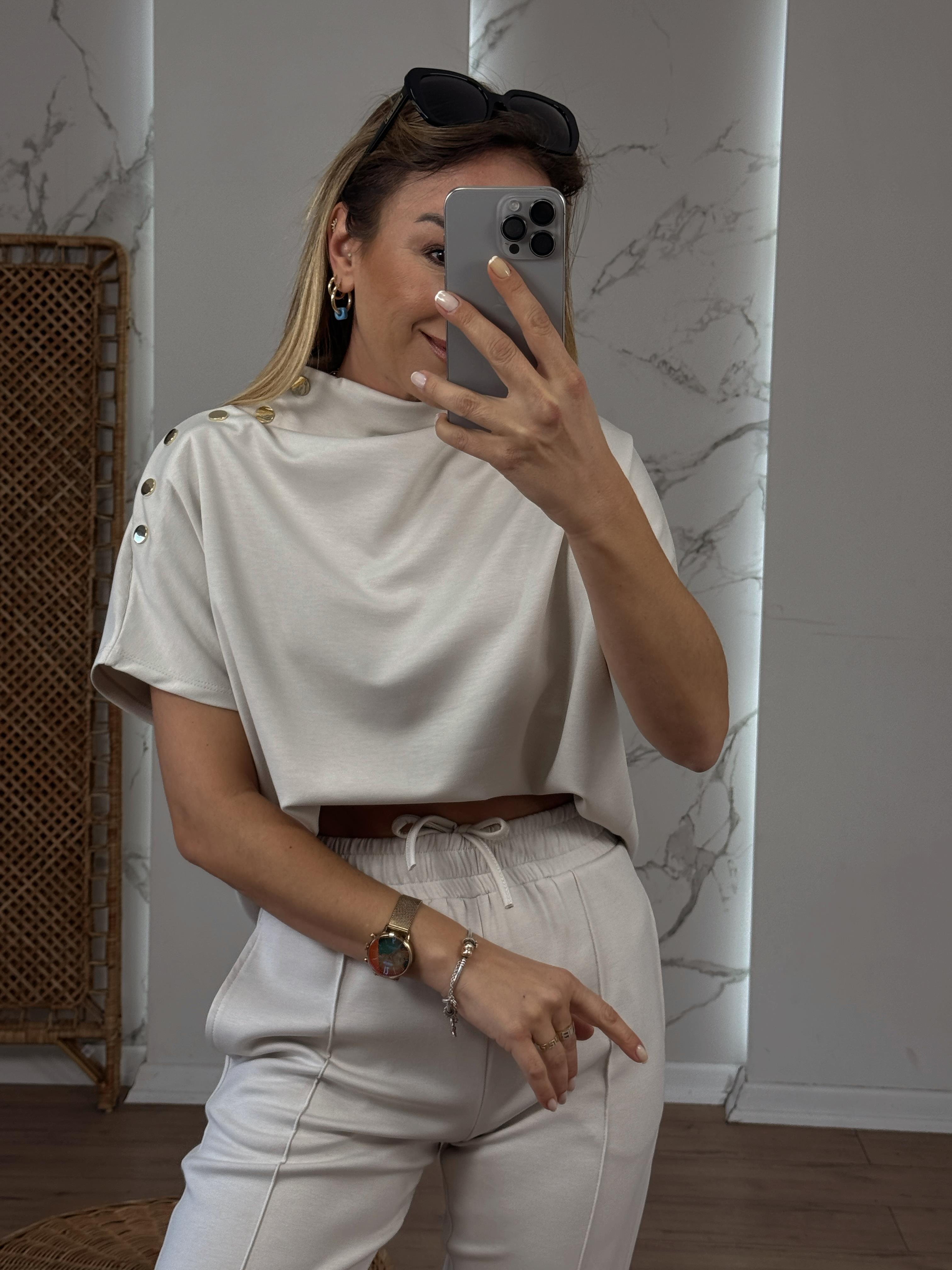 Omuzu Çıtçıt Detaylı Modal Bluz TAŞ