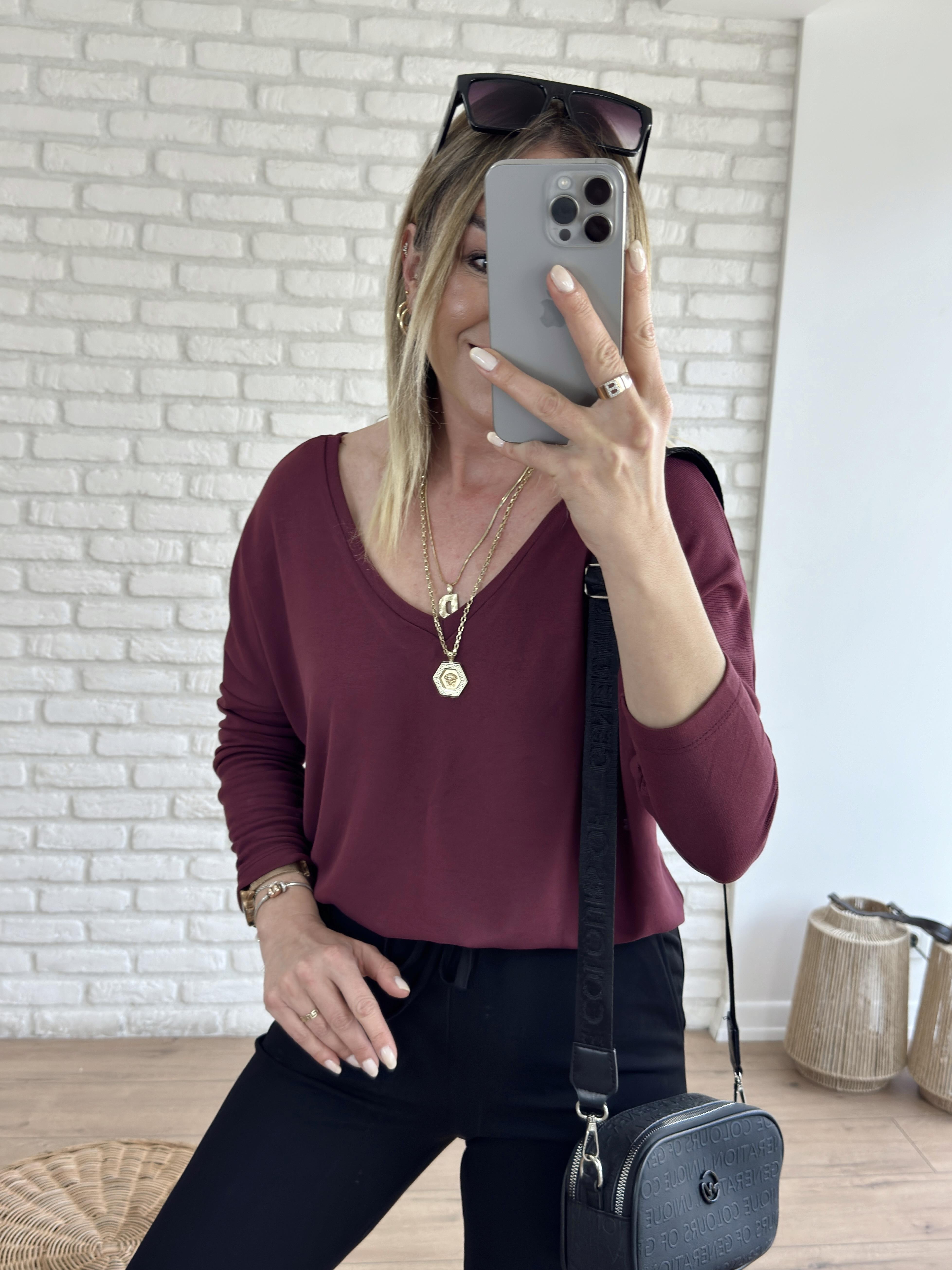 Ön Arka V Yaka Uzun Kol Bluz BORDO