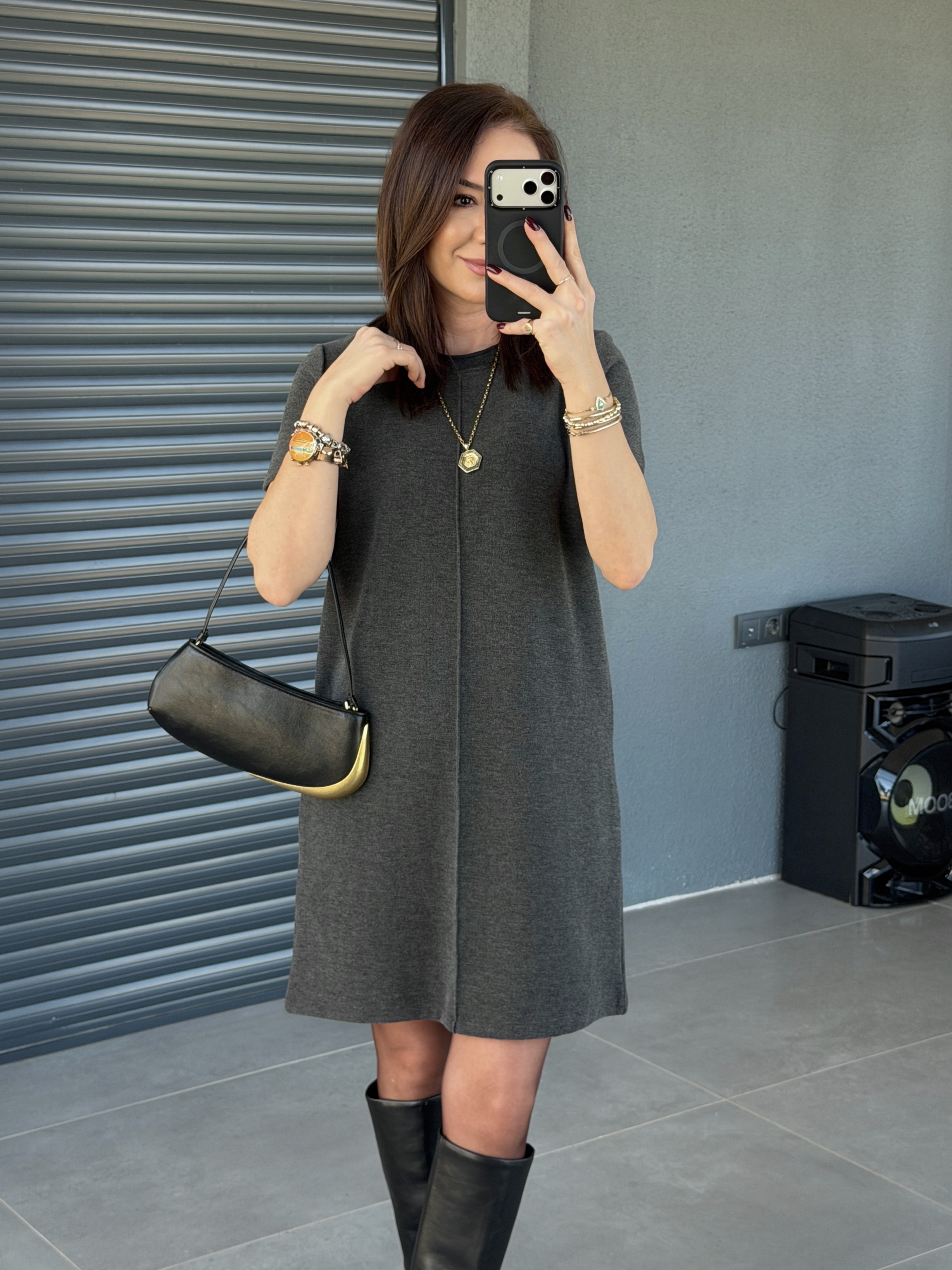 Önü Cimalı Yumoş Elbise GRİ