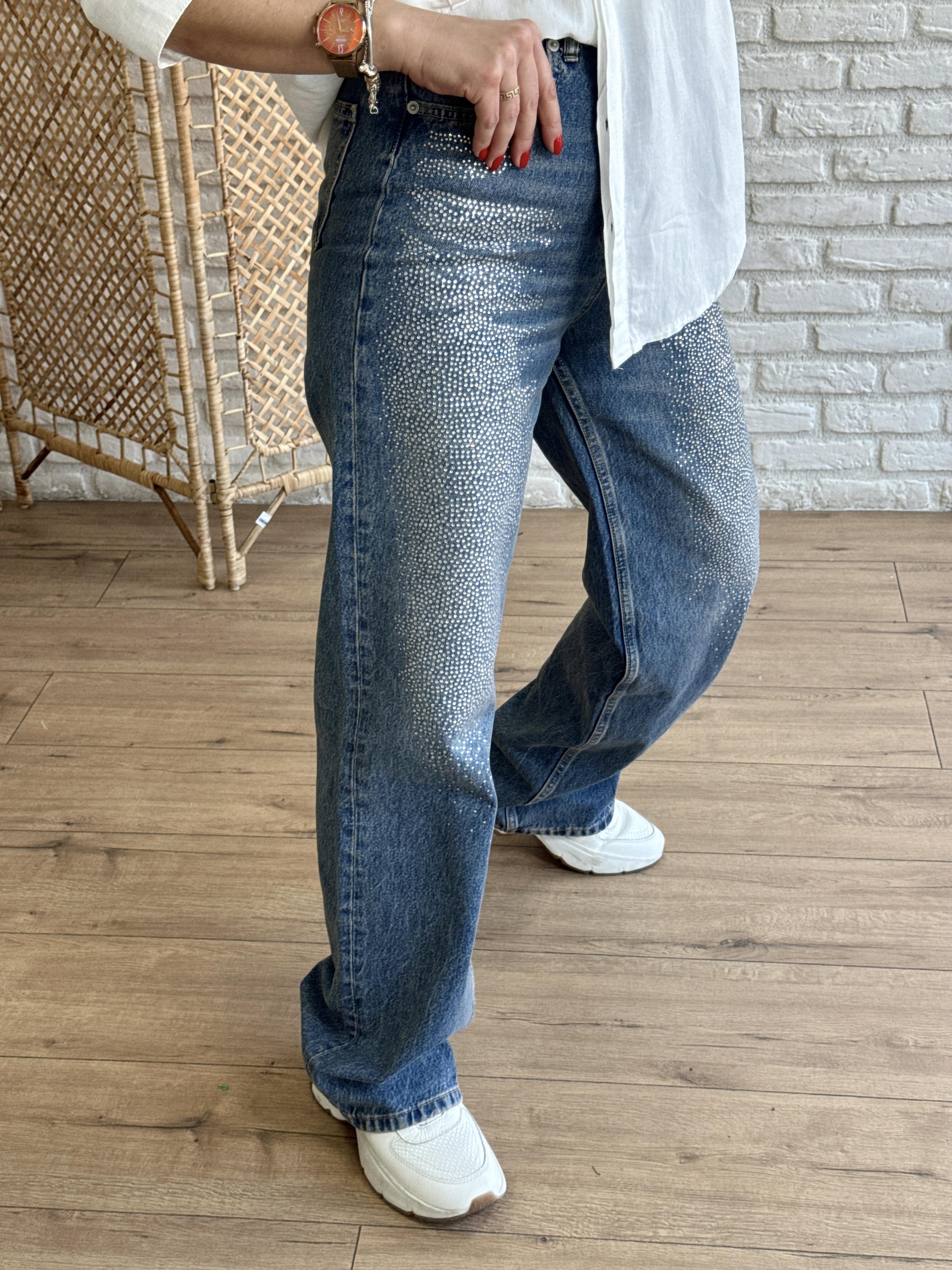 Önü Taşlı Jean Pantolon MAVİ