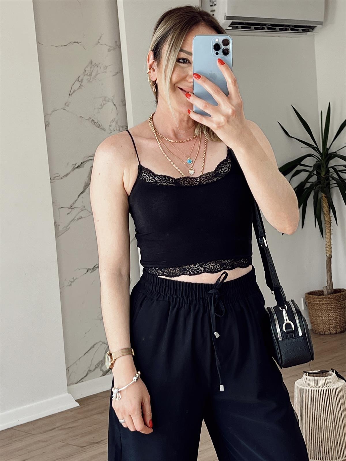 Orj Marka Dantelli Crop SİYAH