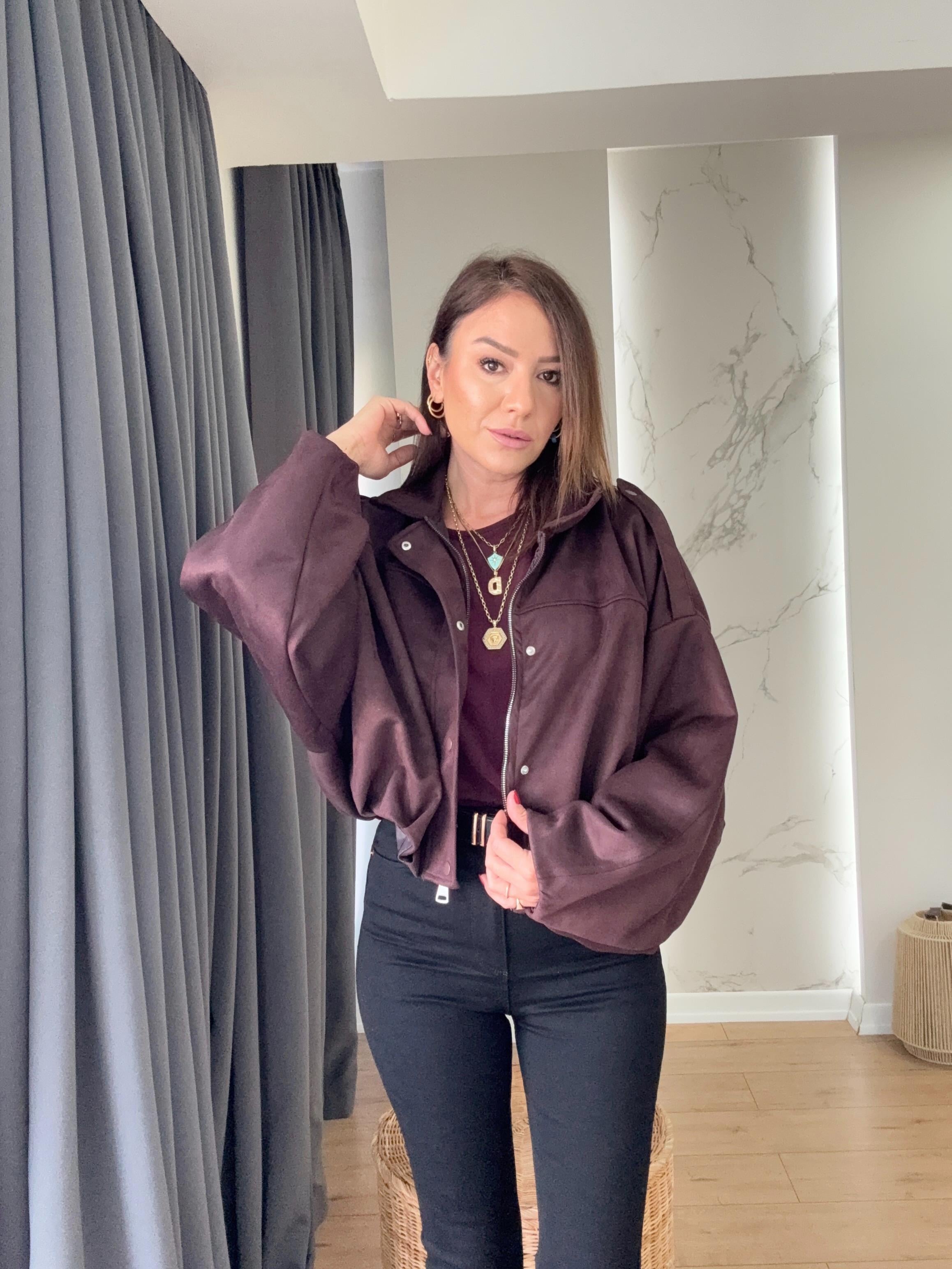 Oversize Bomber Süet Ceket KOYU KAHVE