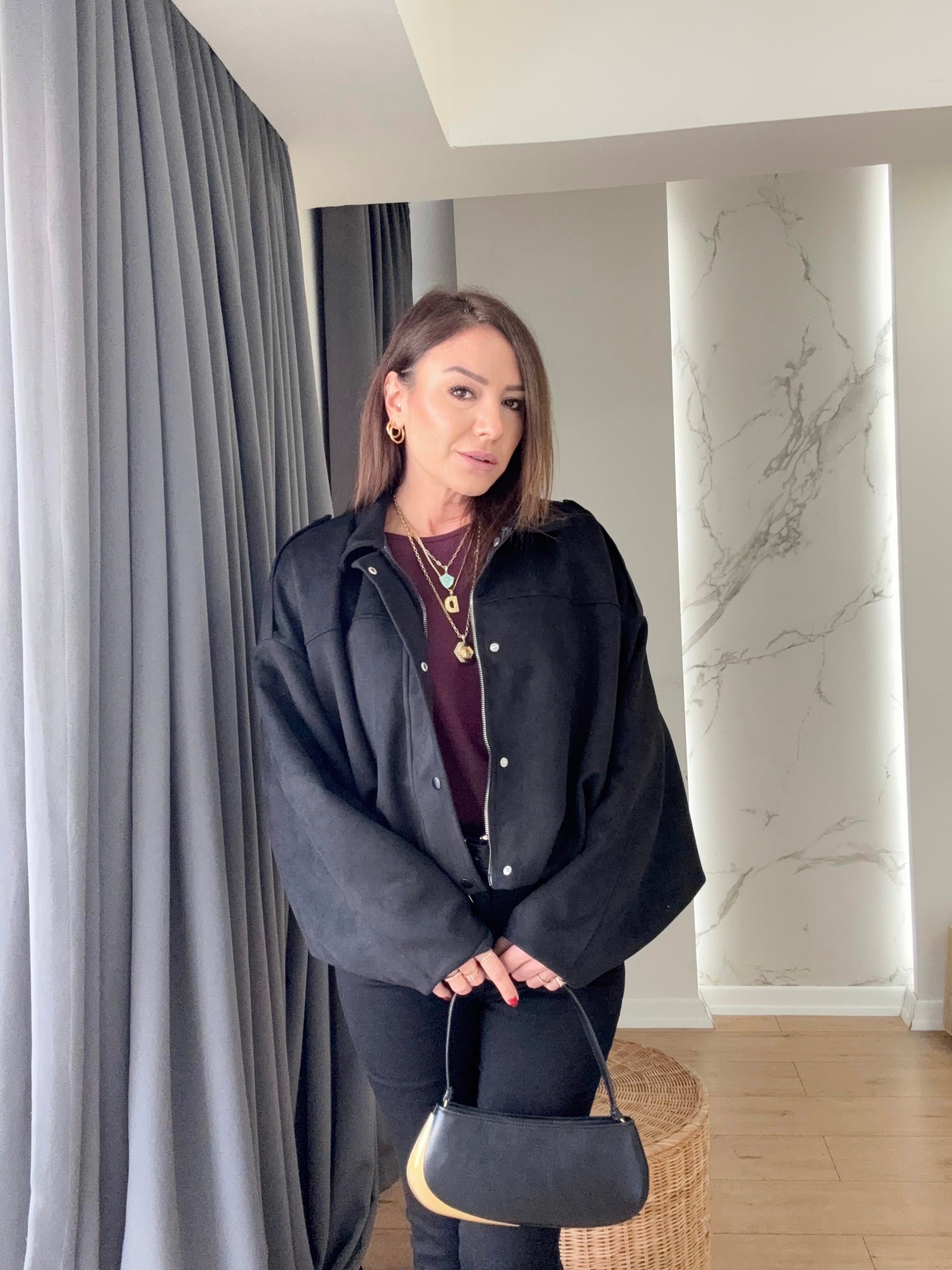 Oversize Bomber Süet Ceket SİYAH