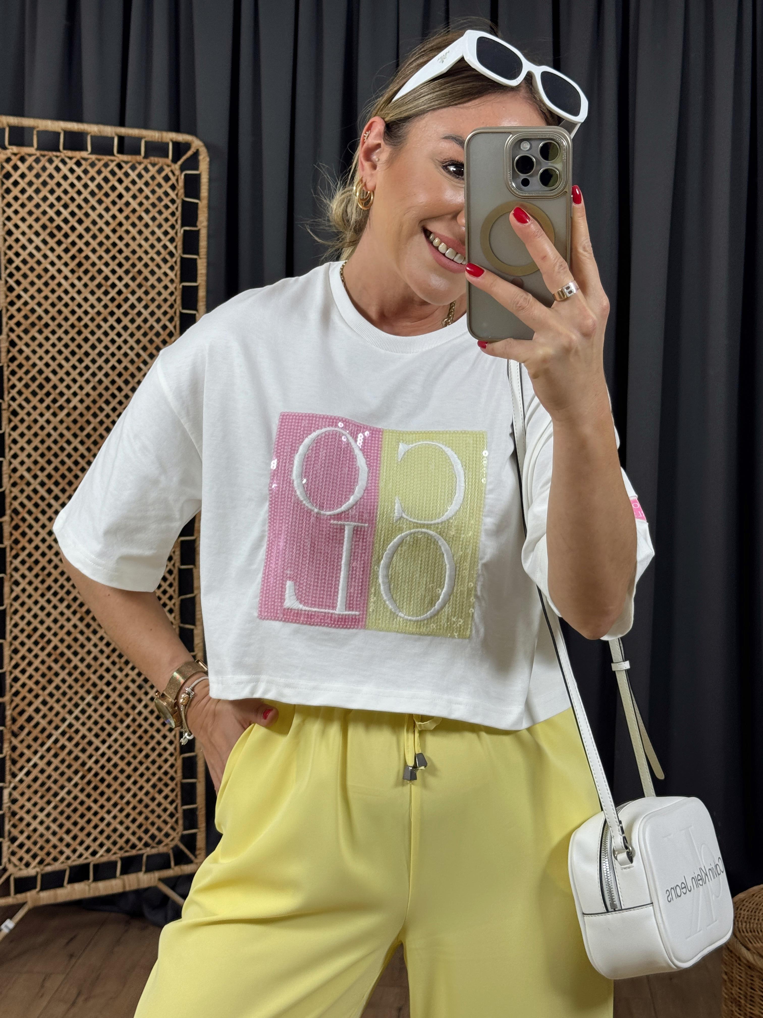 Payet İşlemeli Crop Tshirt EKRU