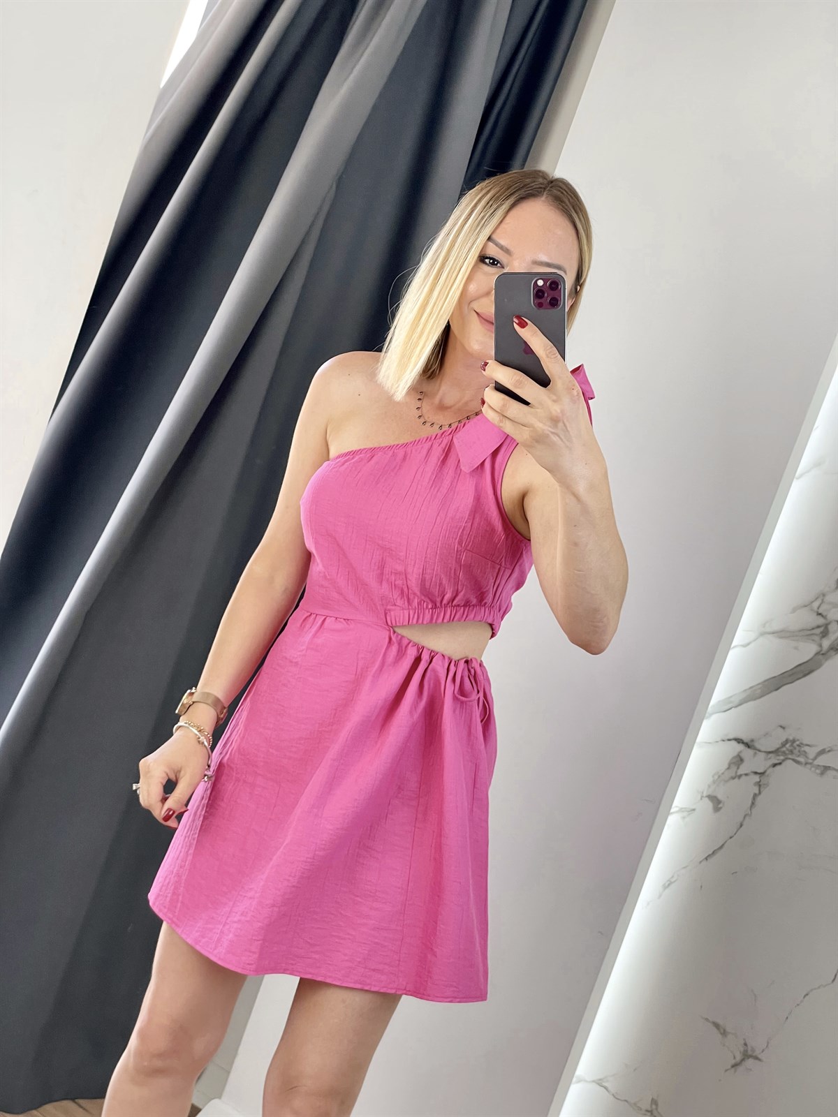 Pencere Detaylı Tek Omuz Elbise Pembe