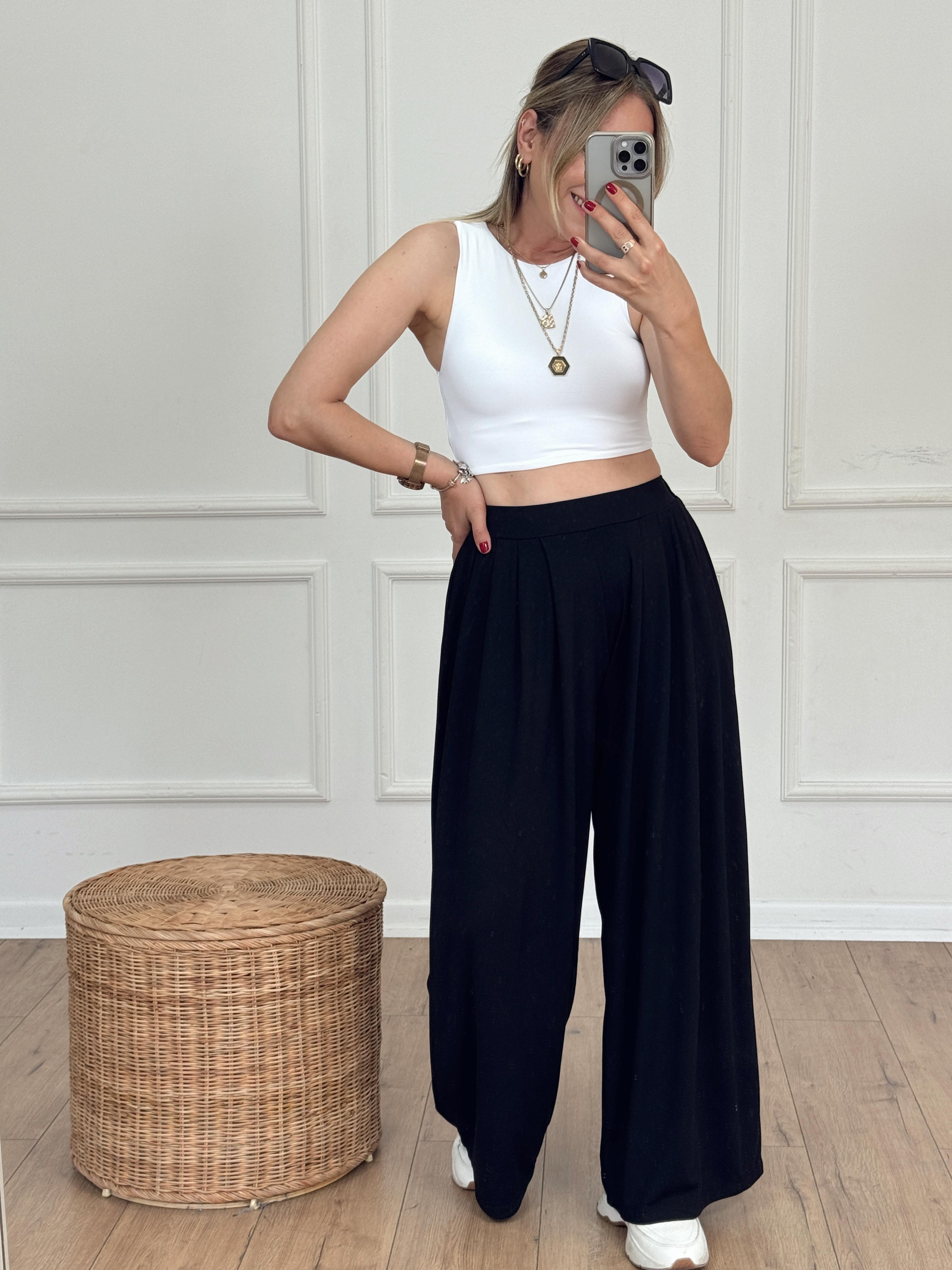 Pileli Palazzo Modal Pantolon SİYAH