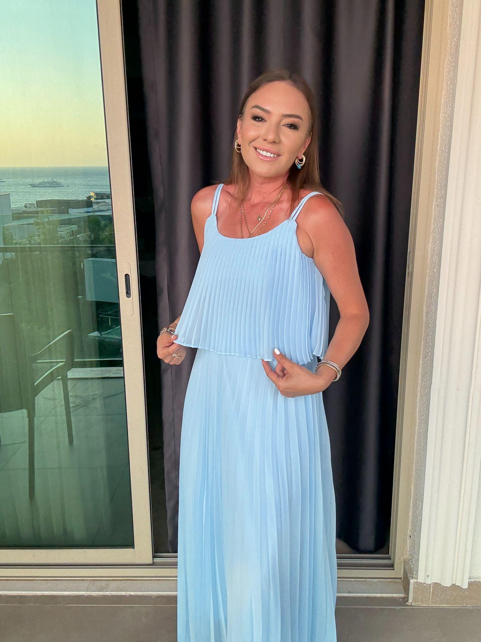 Piliseli Şifon Elbise AÇIK MAVİ