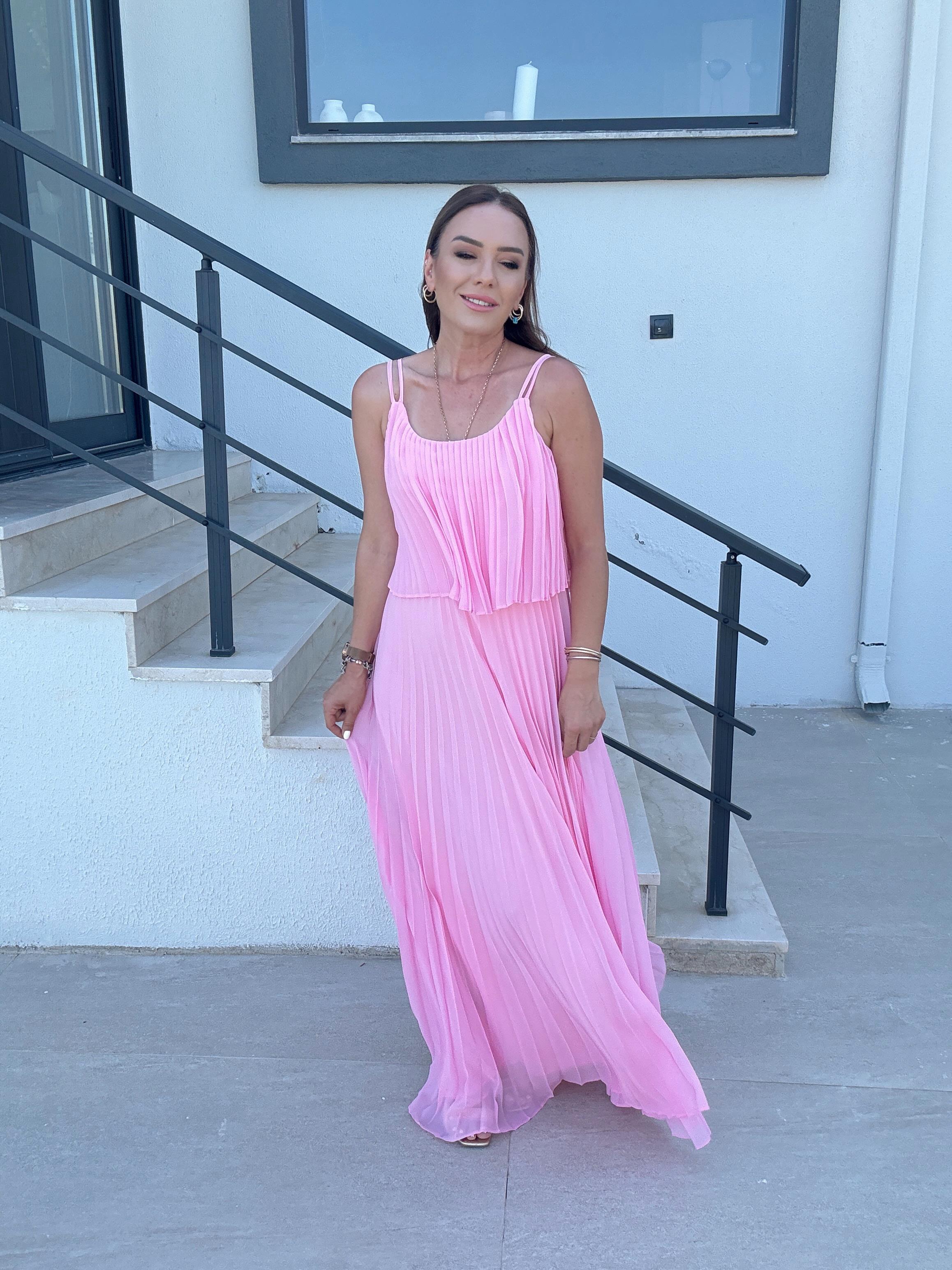 Piliseli Şifon Elbise PEMBE