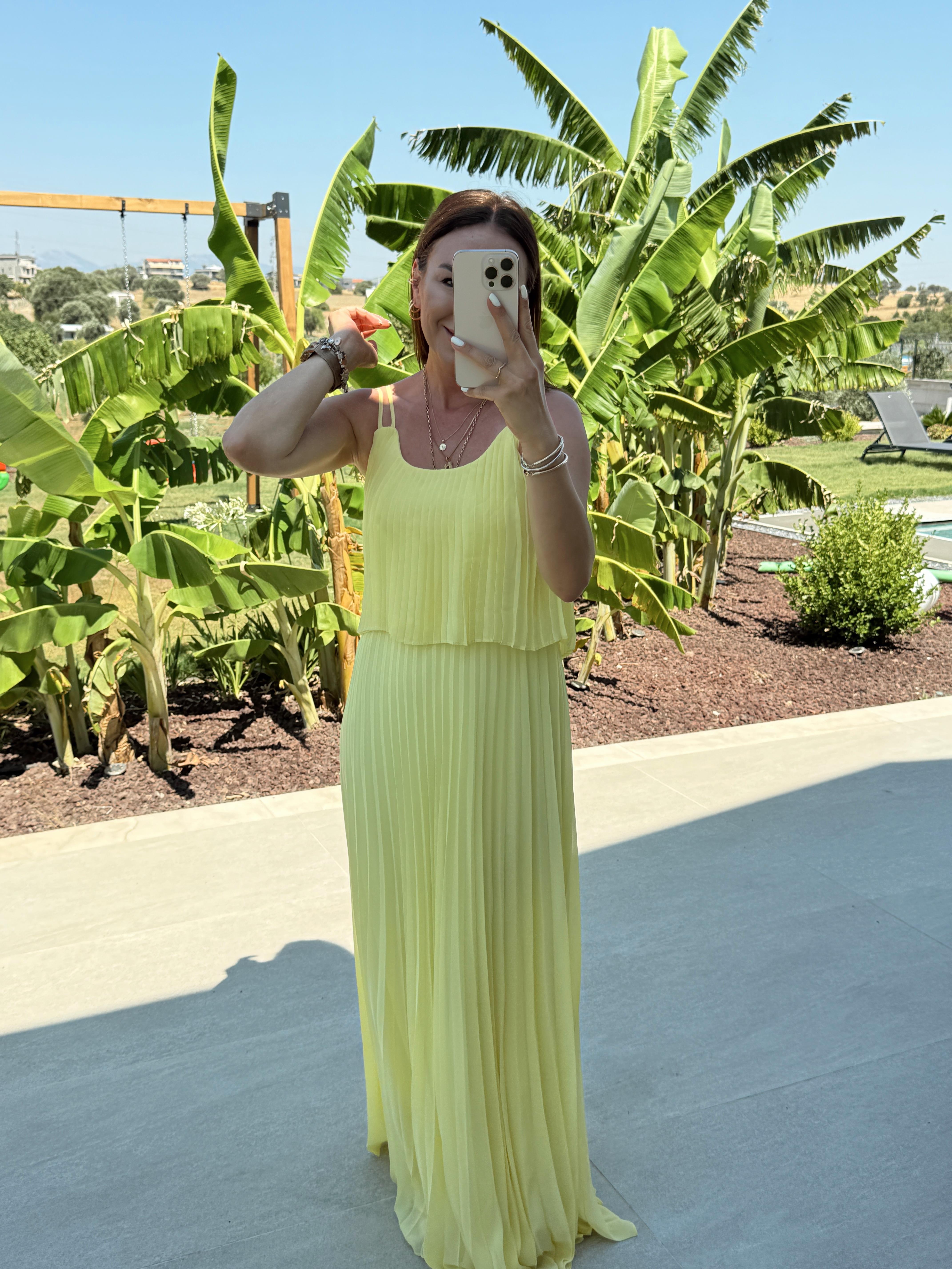 Piliseli Şifon Elbise SARI