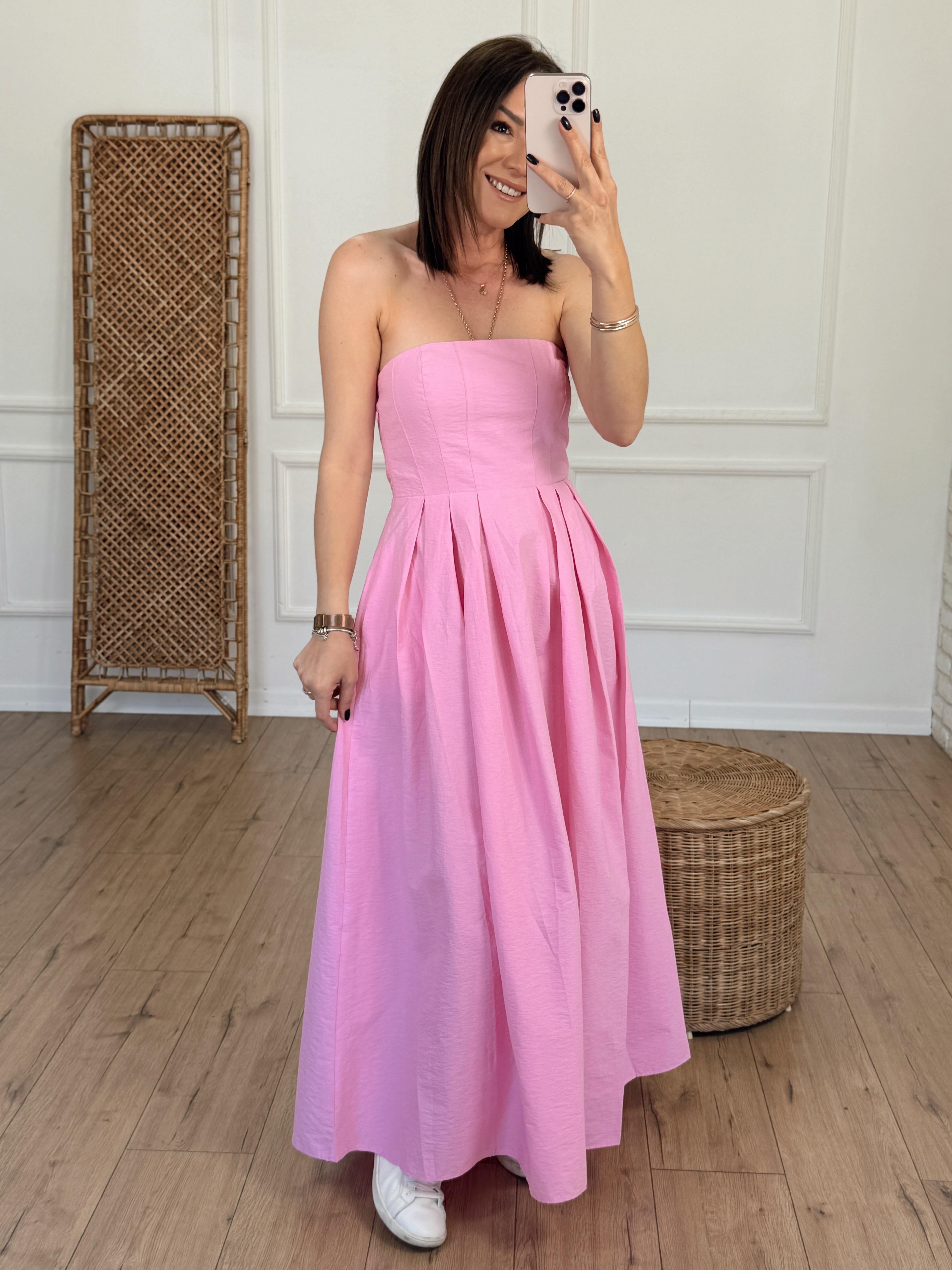 Piliseli Sırtı Lastikli Straplez Midi Elbise PEMBE