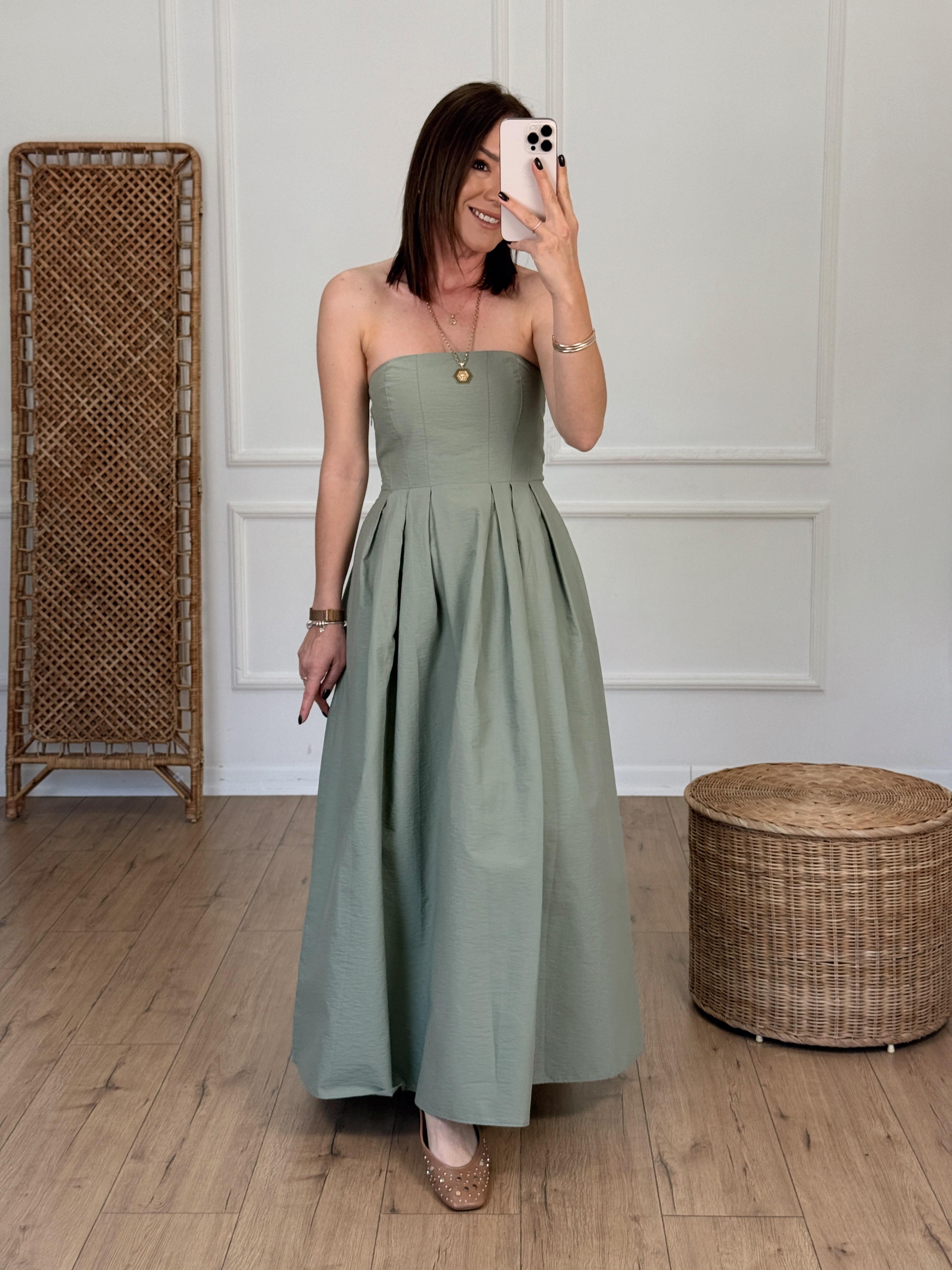 Piliseli Sırtı Lastikli Straplez Midi Elbise HAKİ