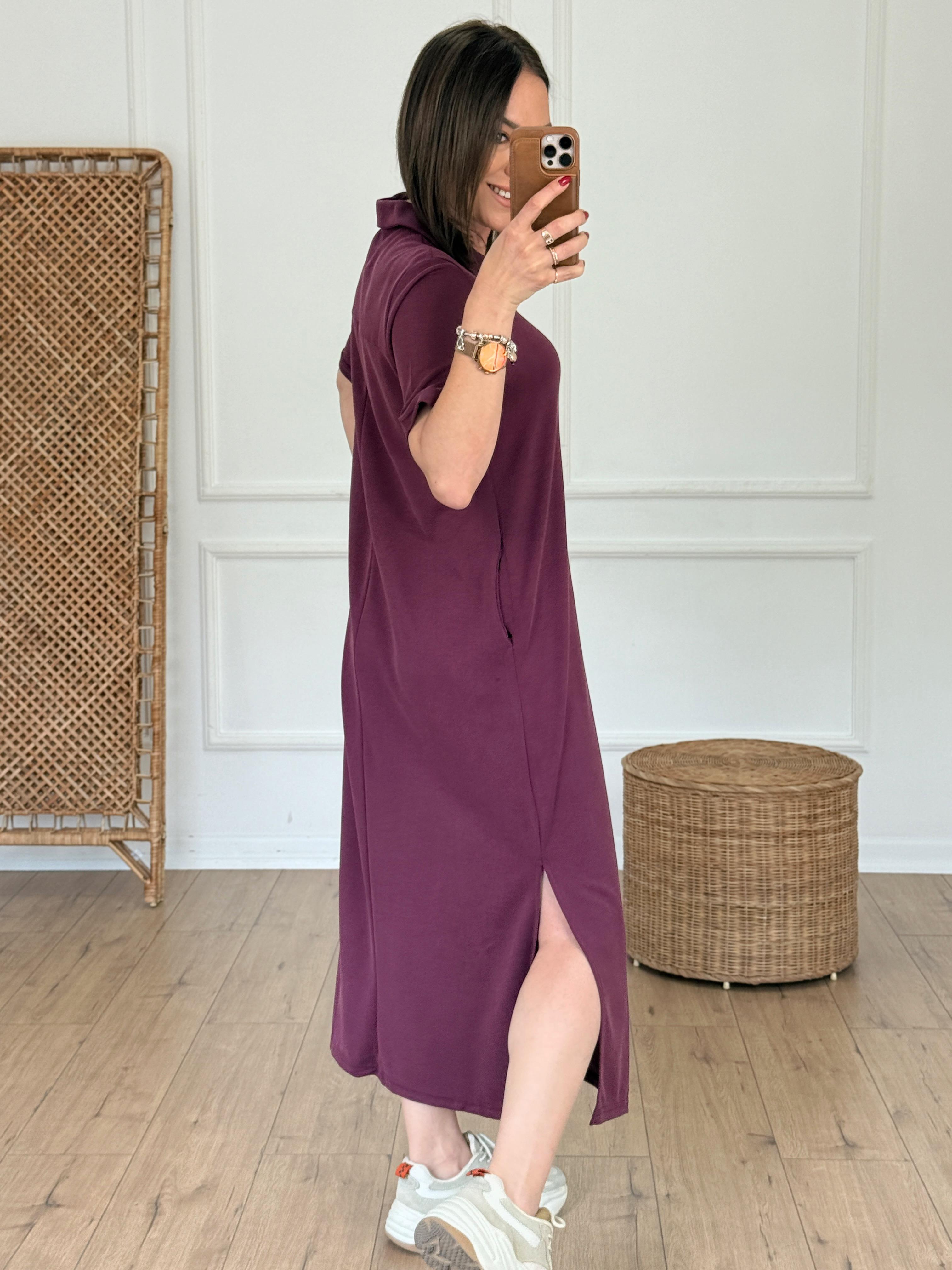 Polo Yaka Cep Detaylı Modal Elbise BORDO