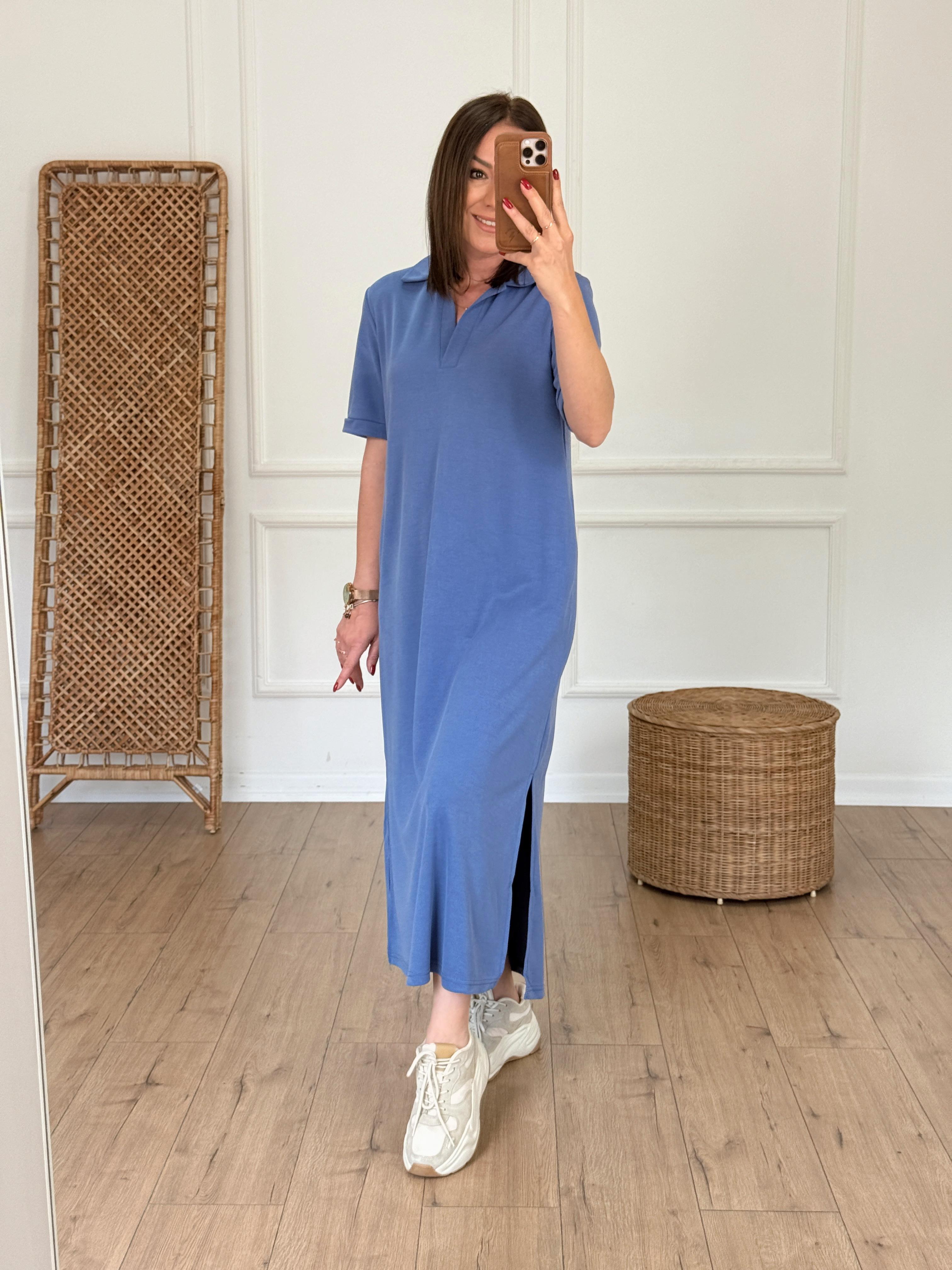 Polo Yaka Cep Detaylı Modal Elbise İNDİGO