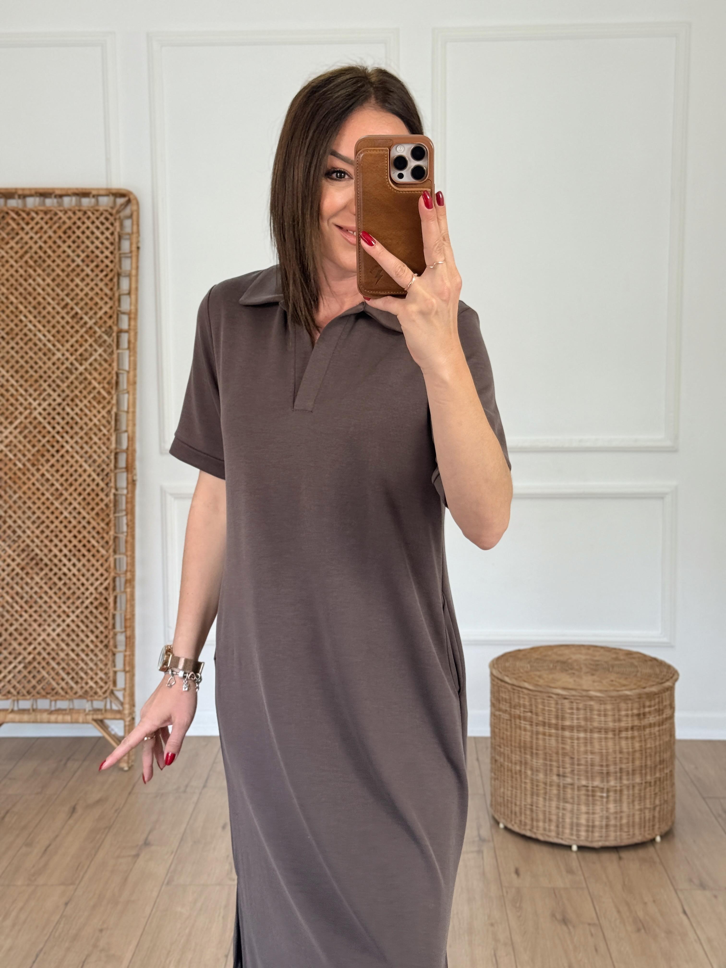 Polo Yaka Cep Detaylı Modal Elbise KAHVE