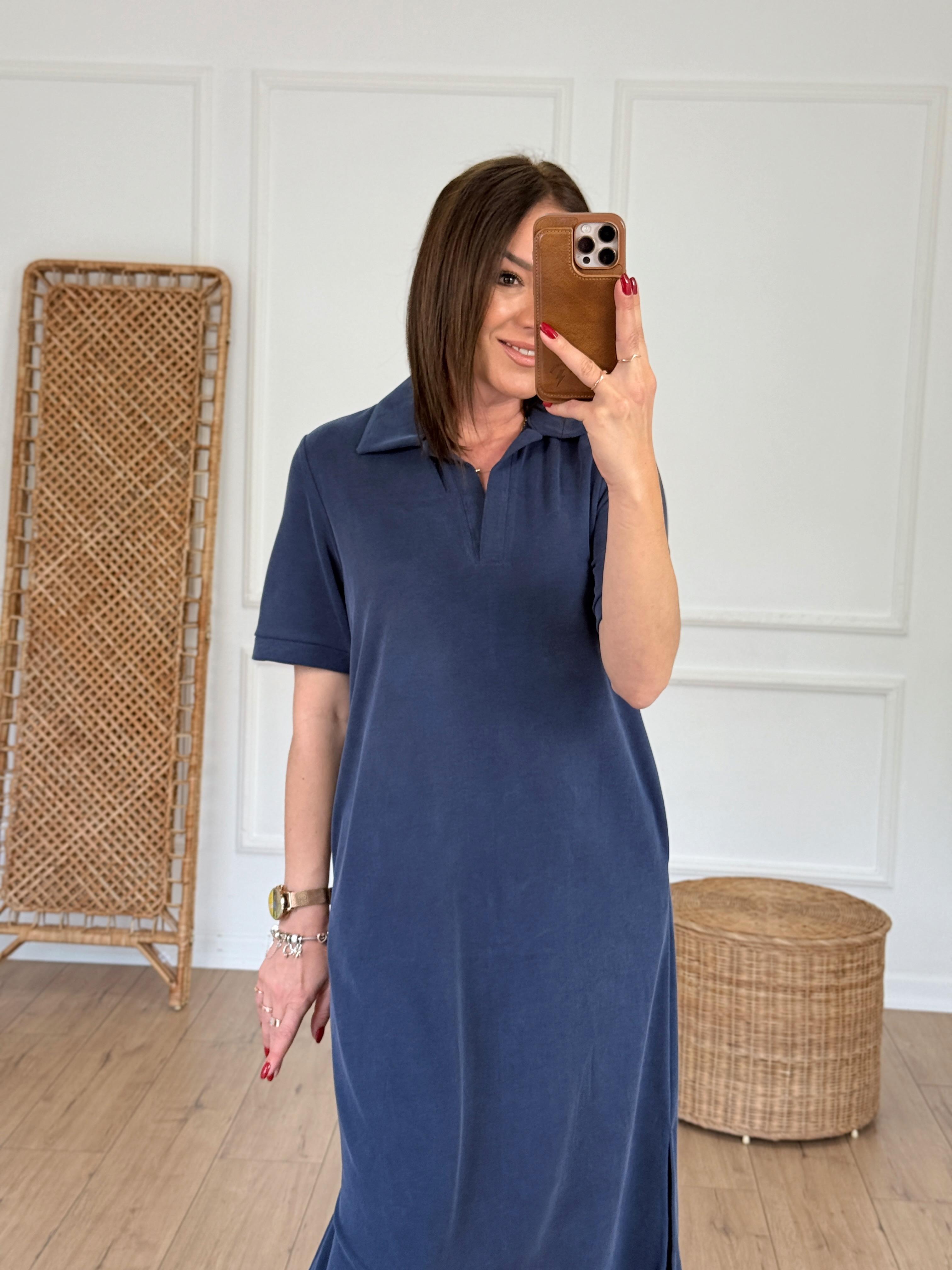 Polo Yaka Cep Detaylı Modal Elbise LACİVERT