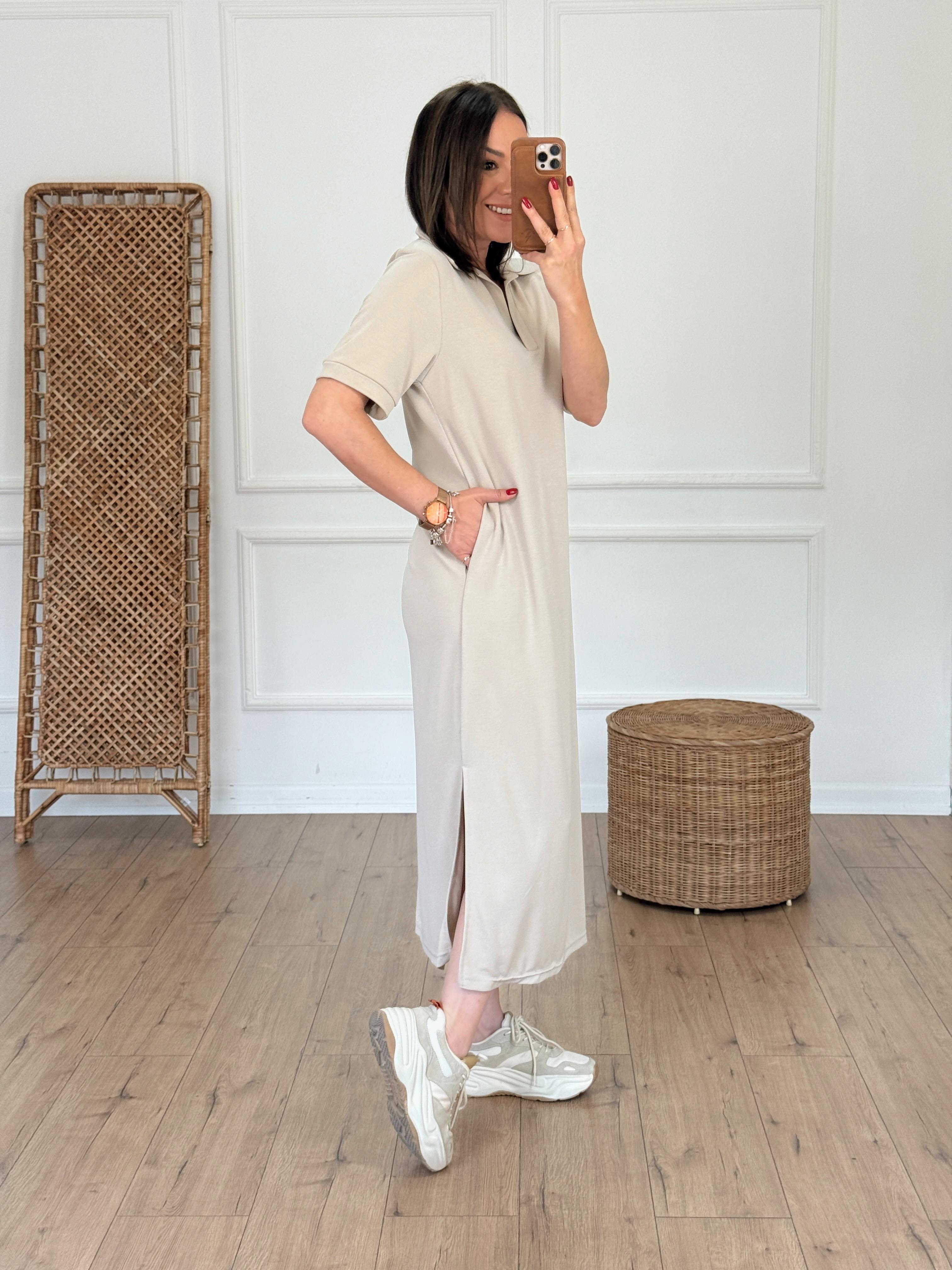 Polo Yaka Cep Detaylı Modal Elbise TAŞ