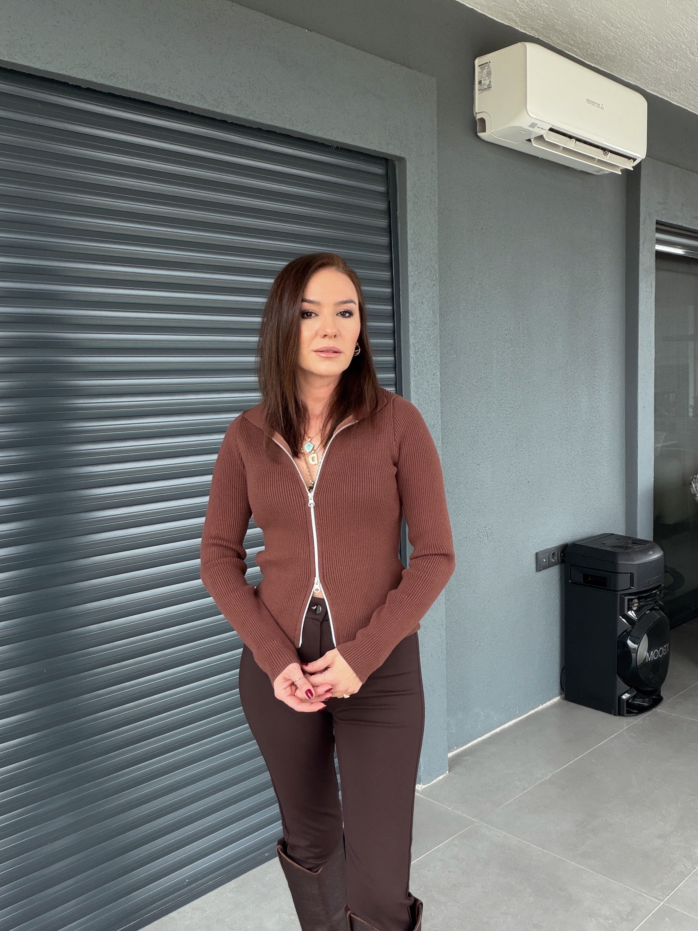 Polo Yaka Çift Fermuarlı Hırka KAHVE