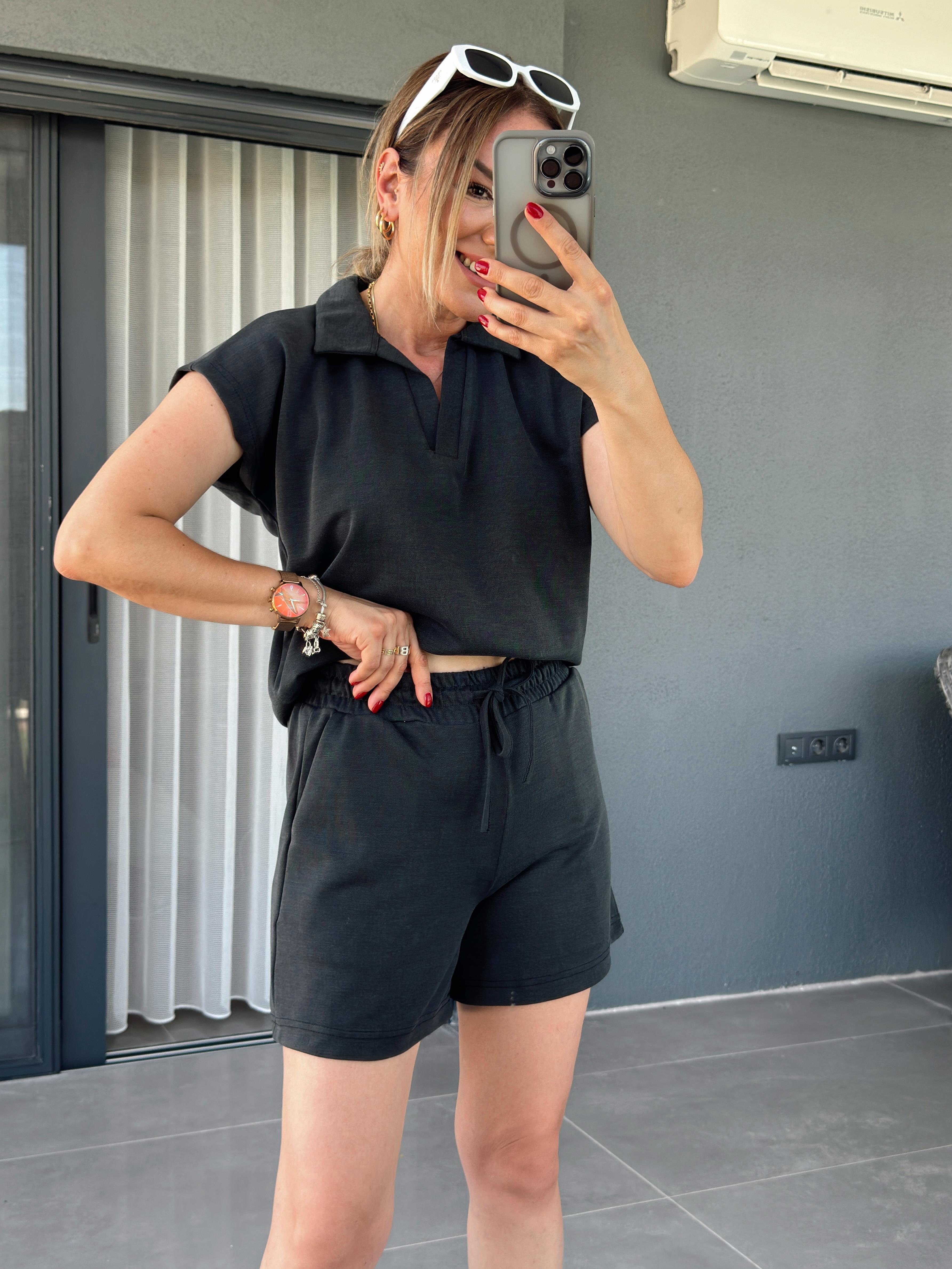 Polo Yaka İkili Şort Modal Takım ANTRASİT
