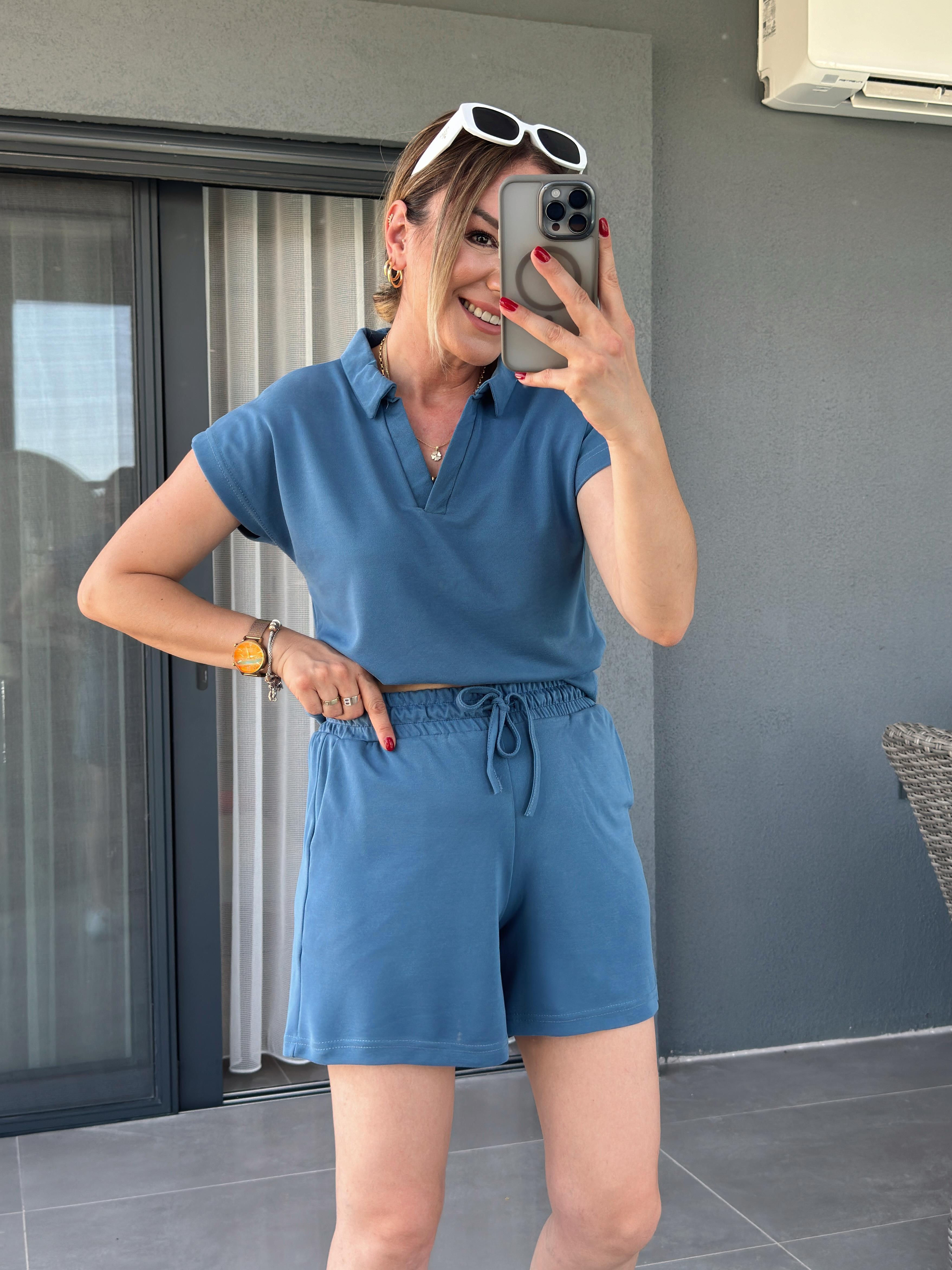 Polo Yaka İkili Şort Modal Takım İNDİGO
