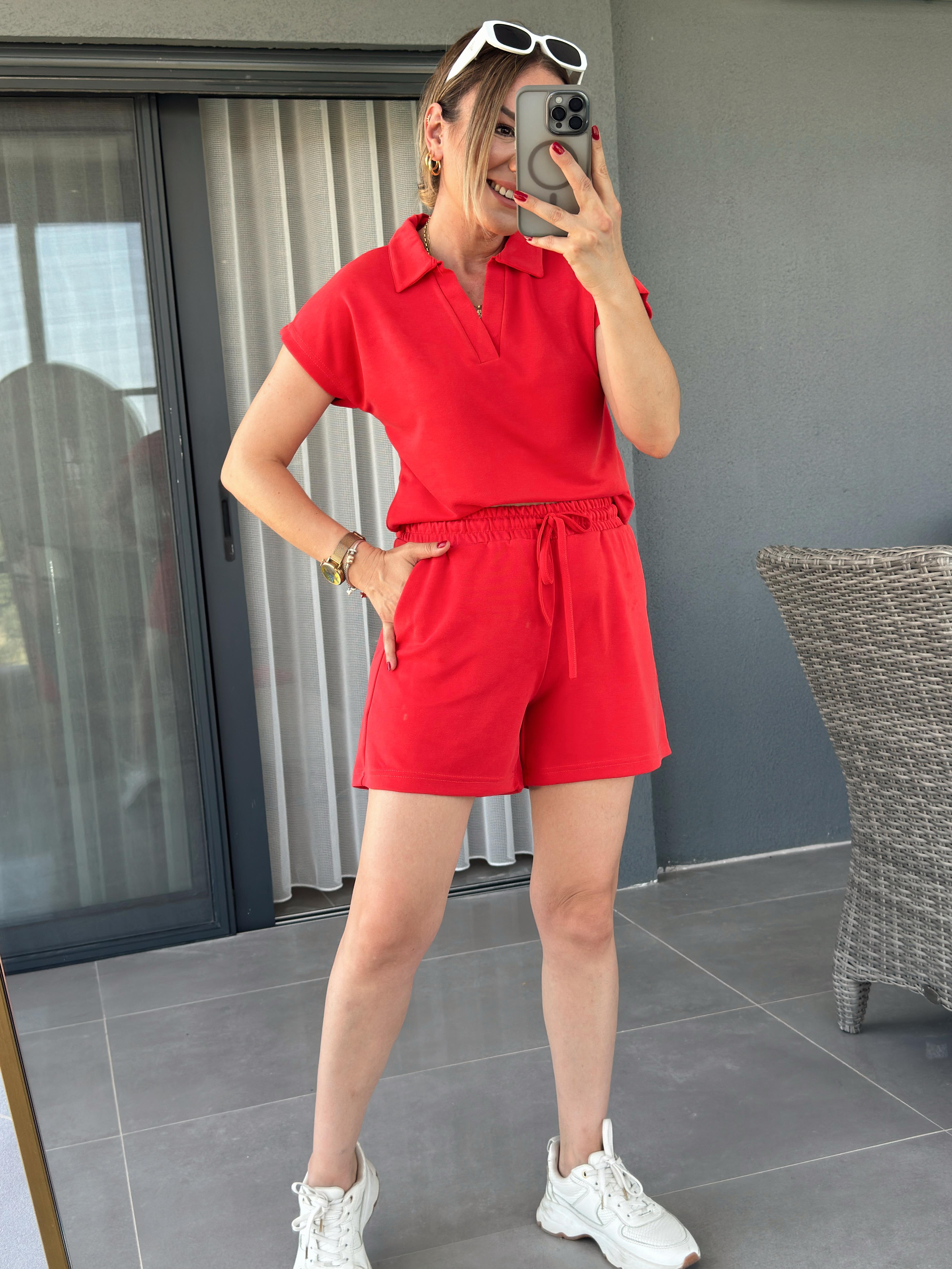 Polo Yaka İkili Şort Modal Takım KIRMIZI
