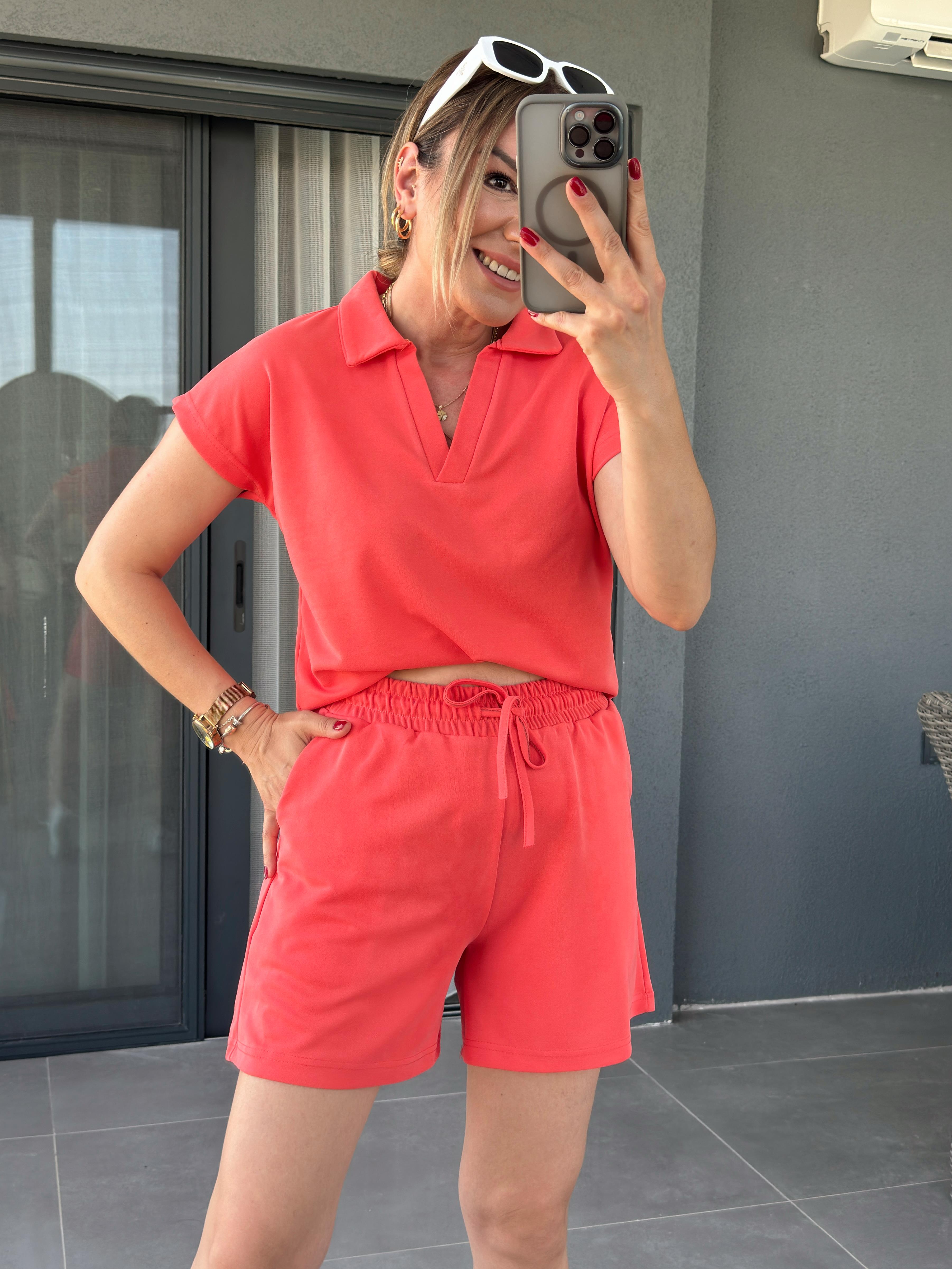 Polo Yaka İkili Şort Modal Takım NAR ÇİÇEĞİ