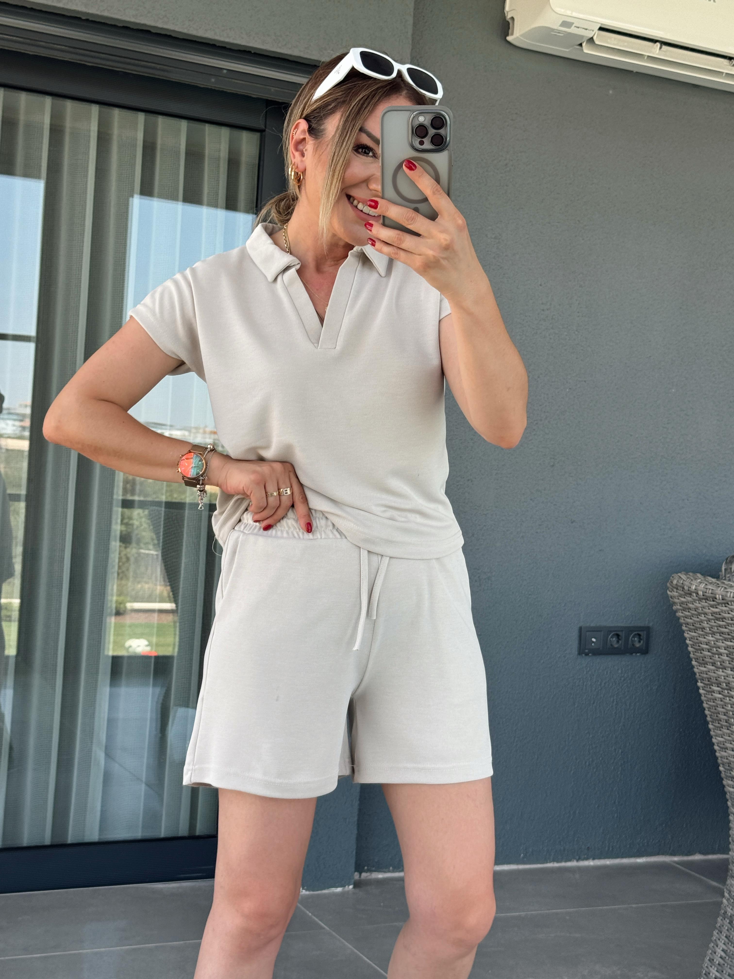 Polo Yaka İkili Şort Modal Takım TAŞ