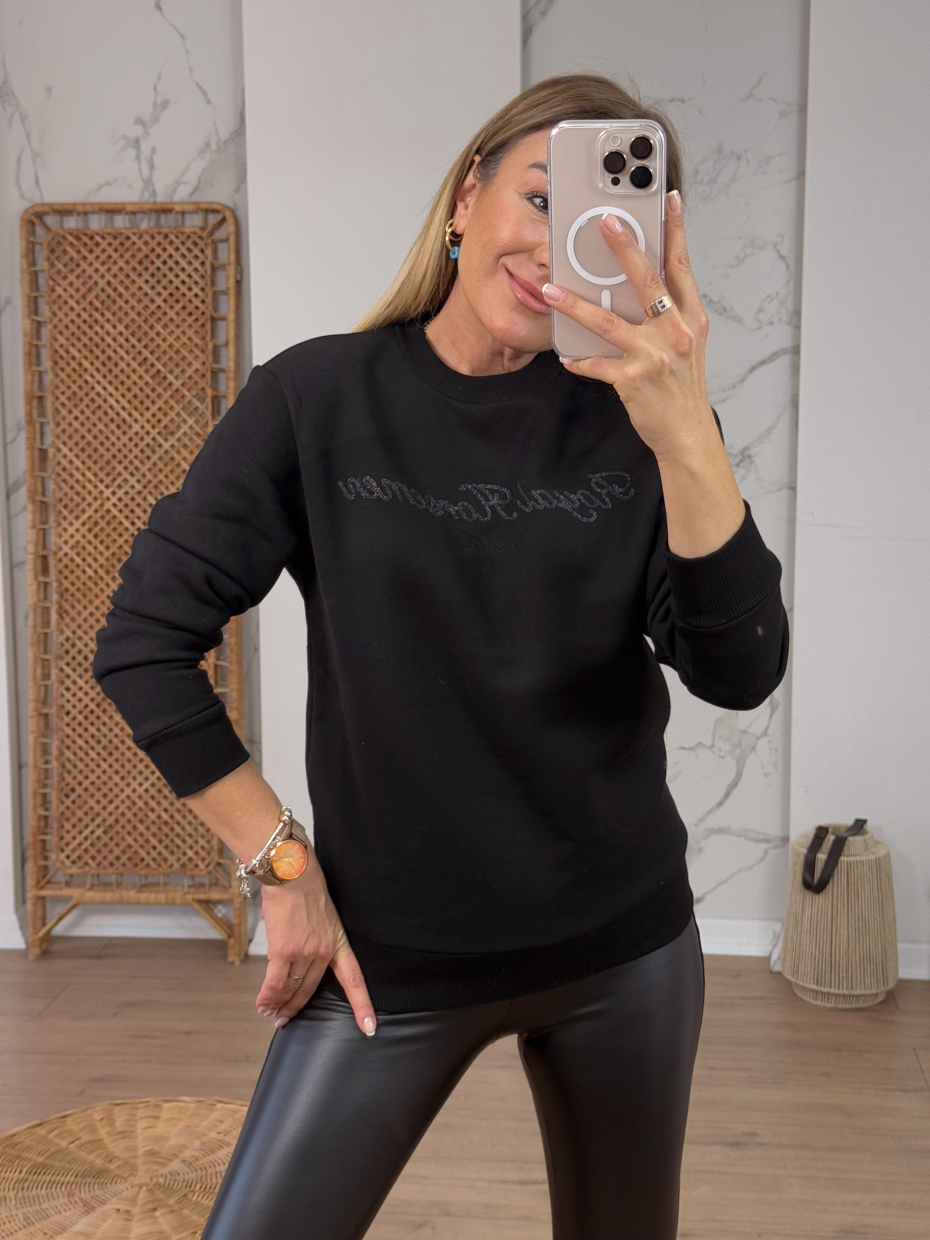 Pul İşlemeli Bisiklet Yaka Sweat SİYAH