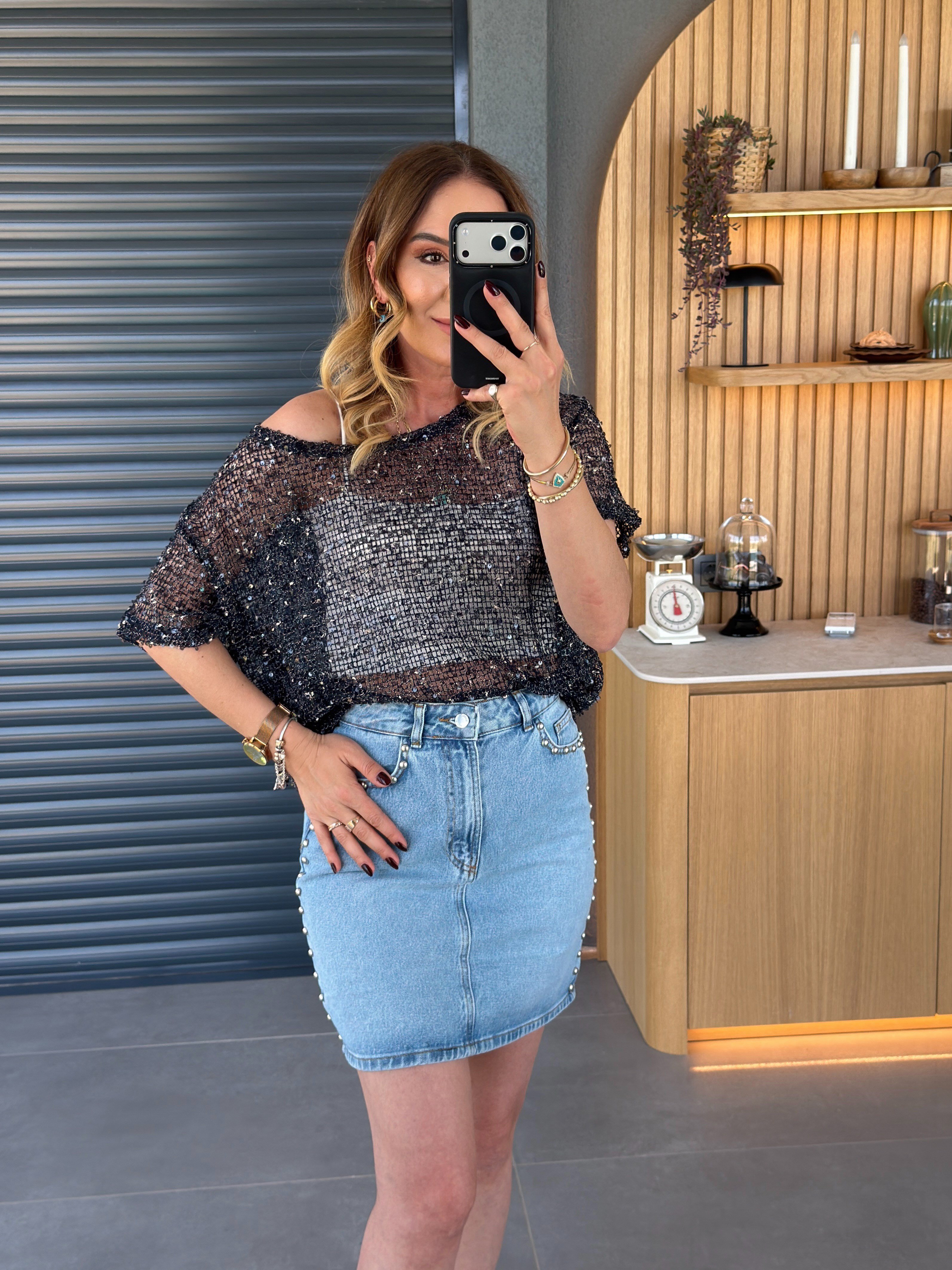Pullu Payetli Bluz LACİVERT