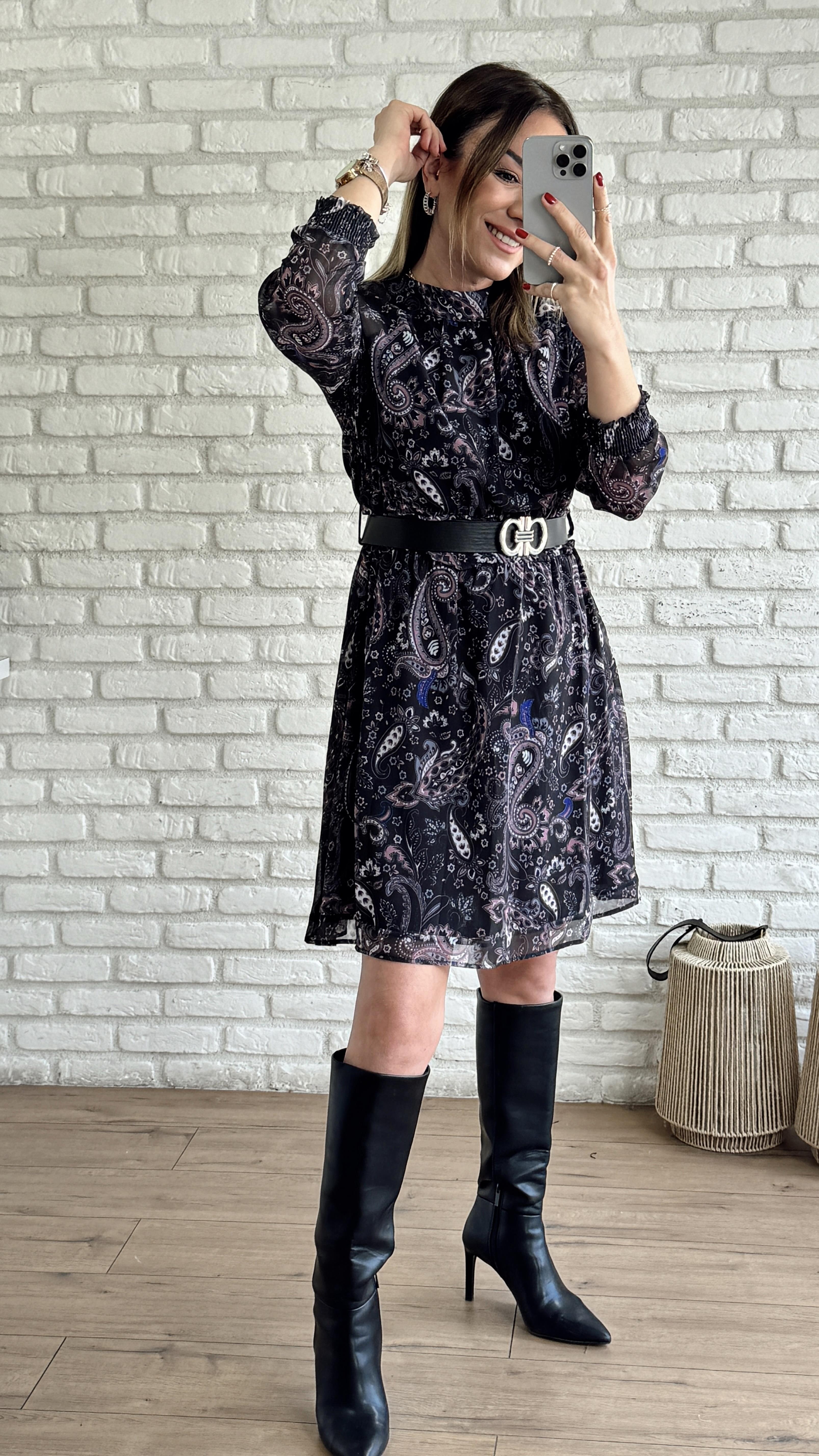 Şifon Kemerli Elbise MÜRDÜM