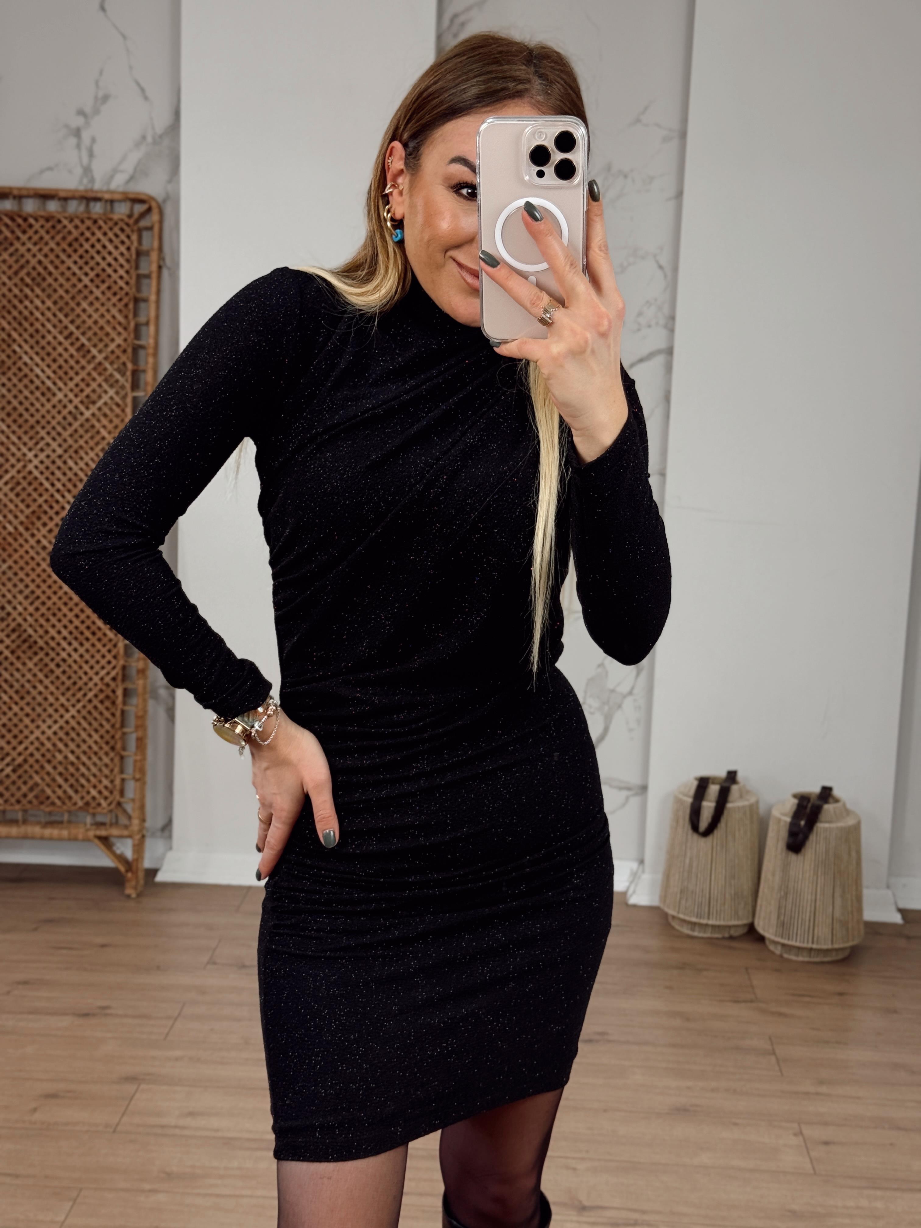 Simli Balıkçı Yaka Elbise SİYAH