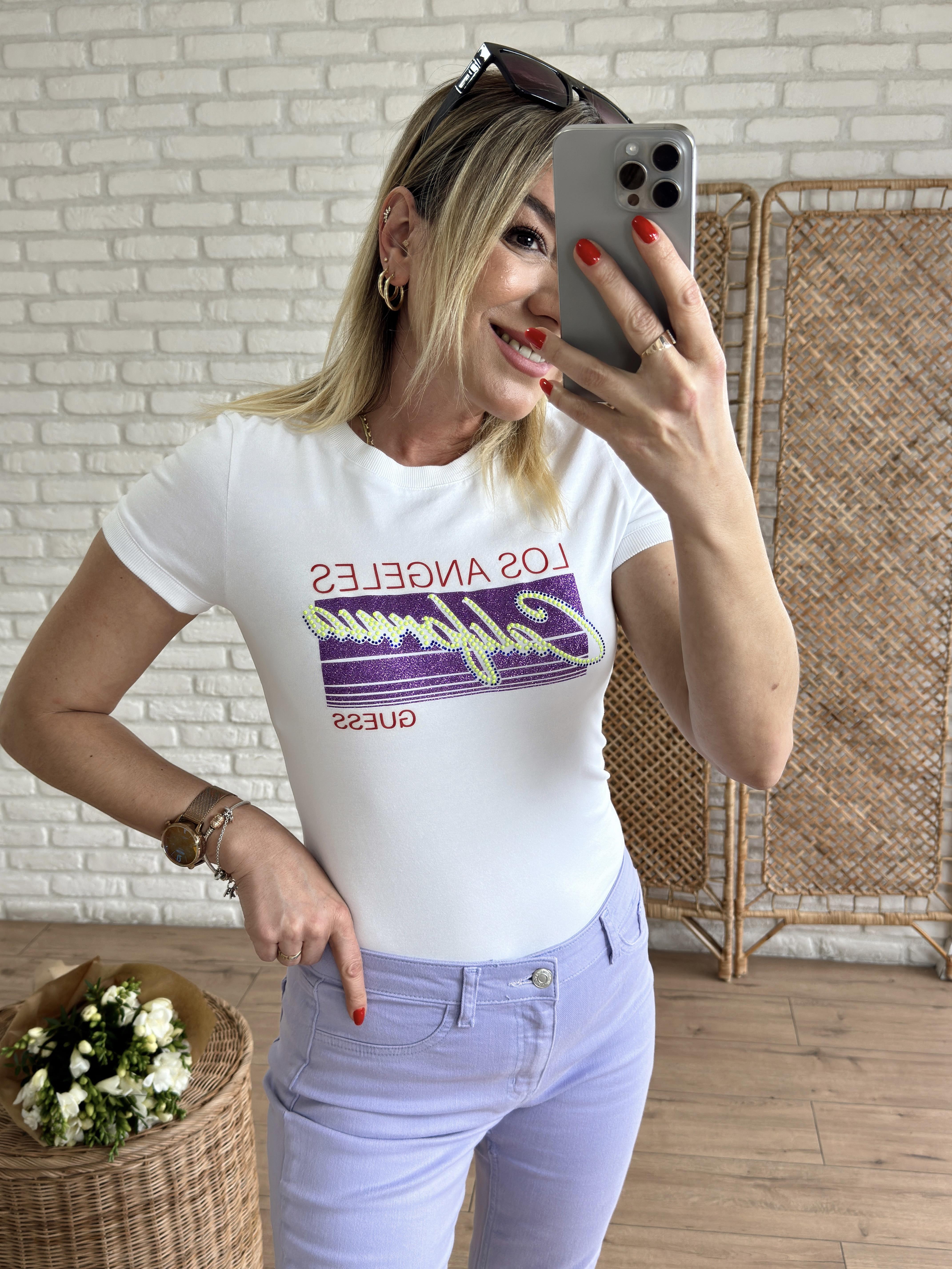 Simli Yazı Detaylı Tshirt BEYAZ