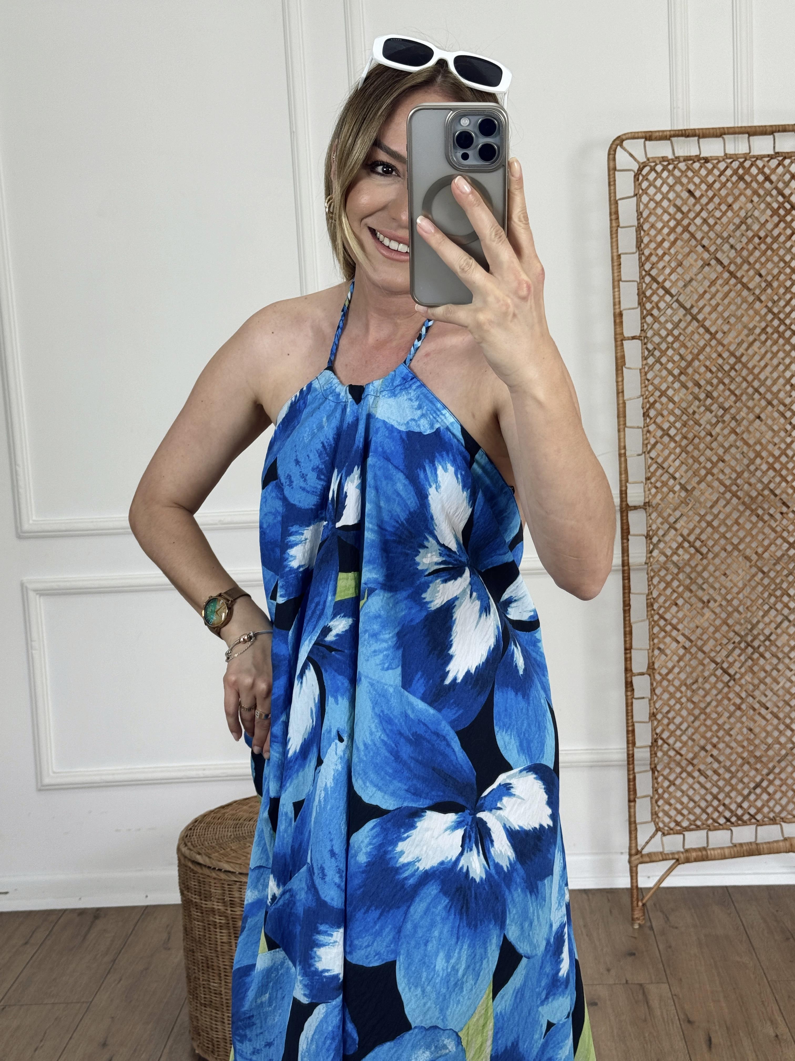 Sırt Dekolteli Boyundan Bağlamalı Elbise MAVİ